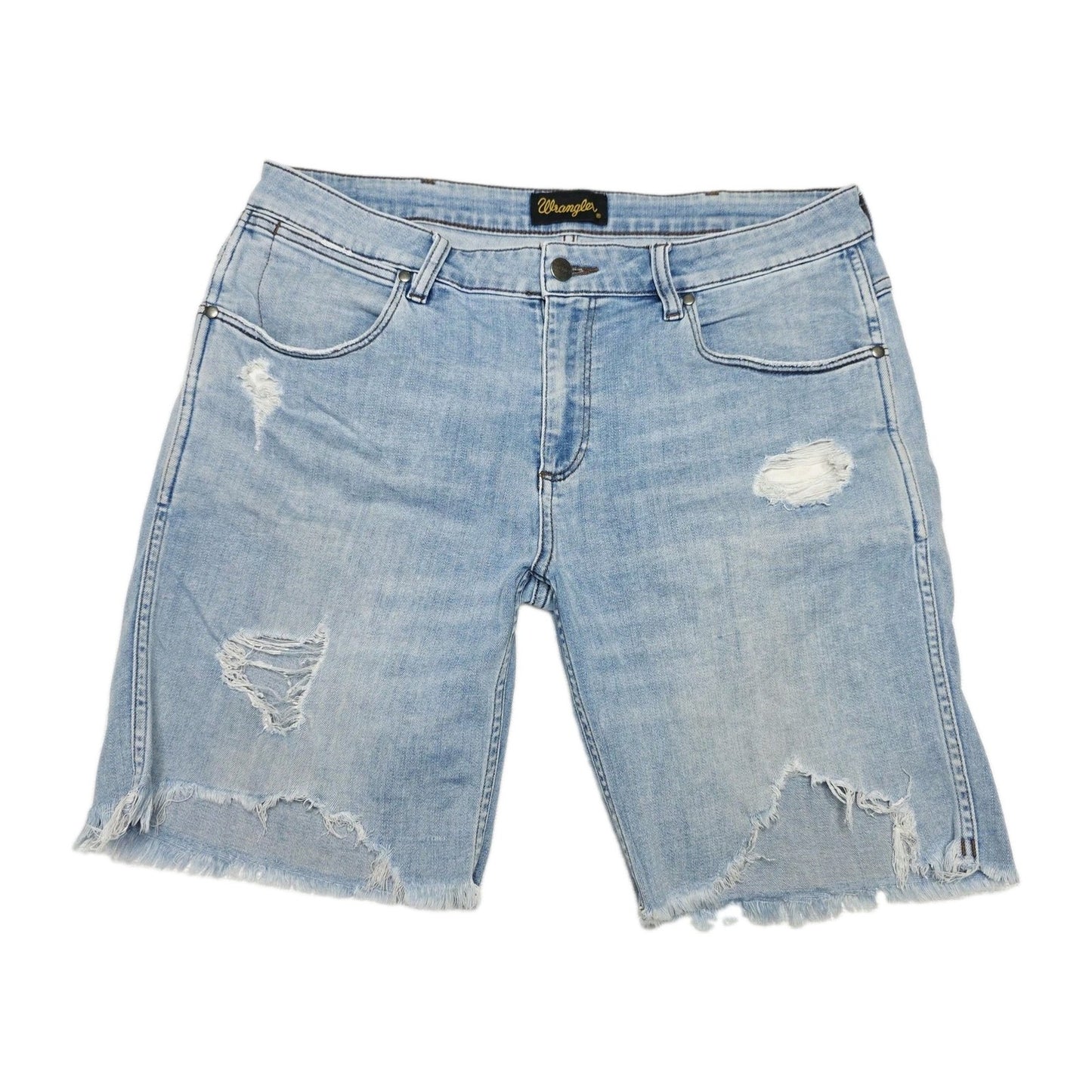 Wrangler Shorts Men's 34 Blue Distressed Denim Bermuda Slim Fit Smith Raw Hem