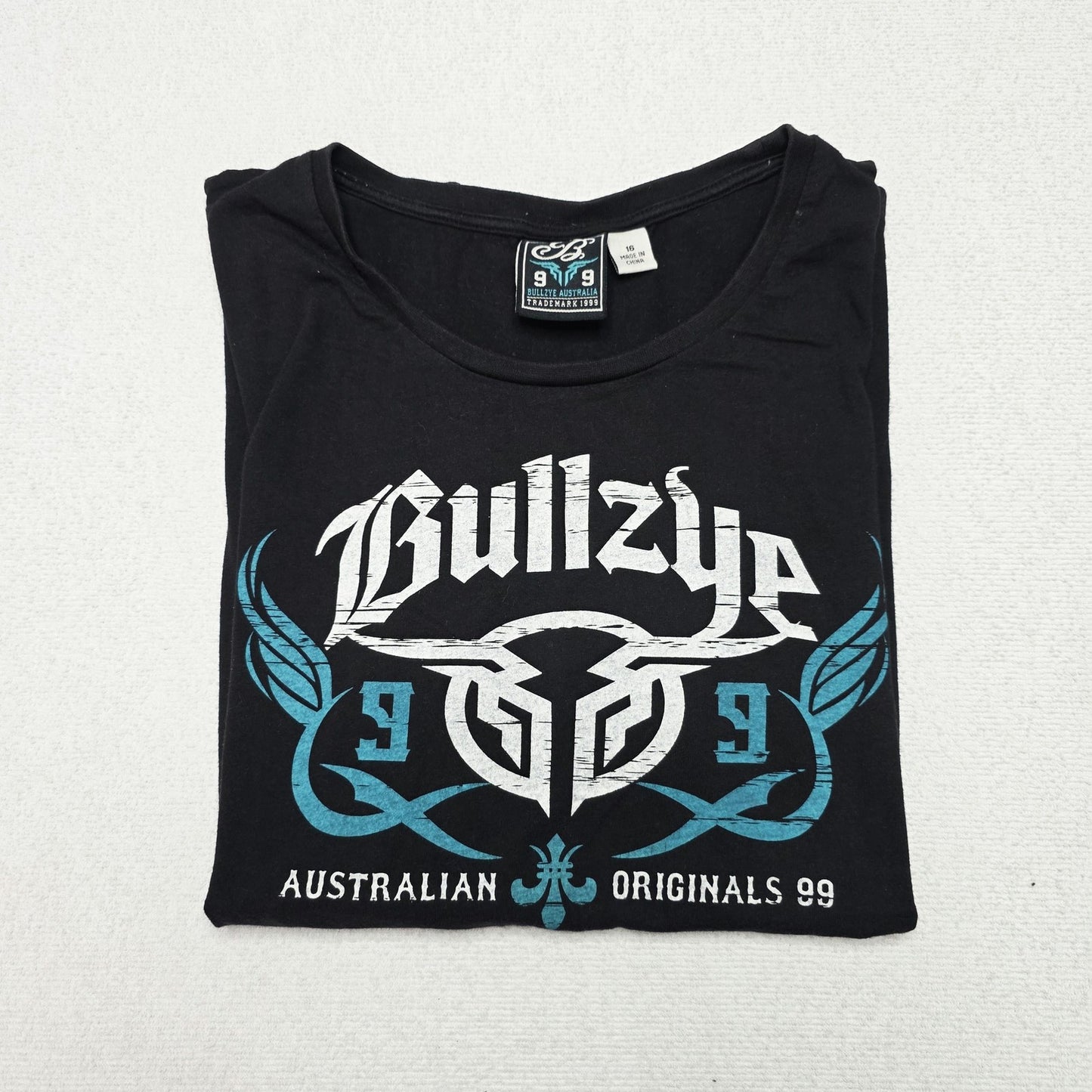 Bullzye T-Shirt Women's 16 Black Australian Logo Graphic Cotton Round Neck Top
