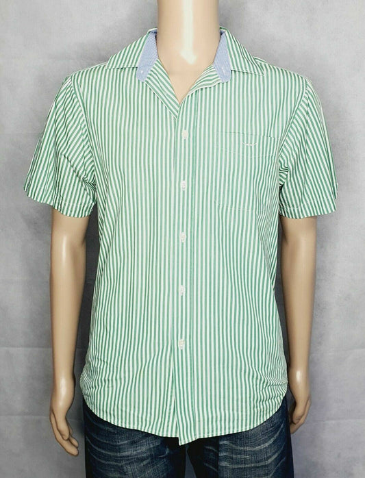 R.M Williams Mens White & Green Stripe Short Sleeve Shirt Regular Fit Size S.