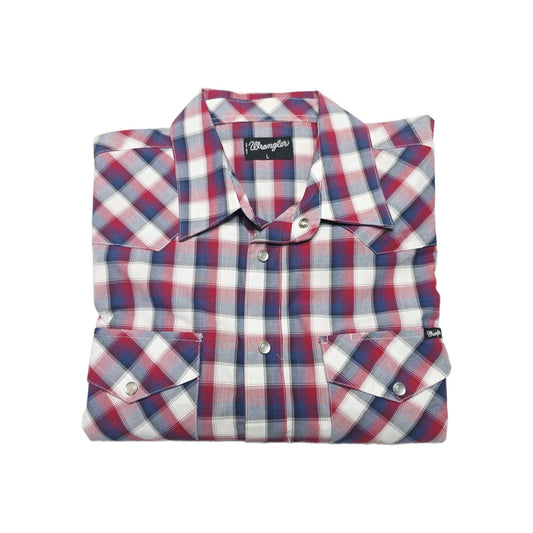Wrangler Shirt Mens L Red Blue Plaid Short Sleeve Snap Front Western Cotton