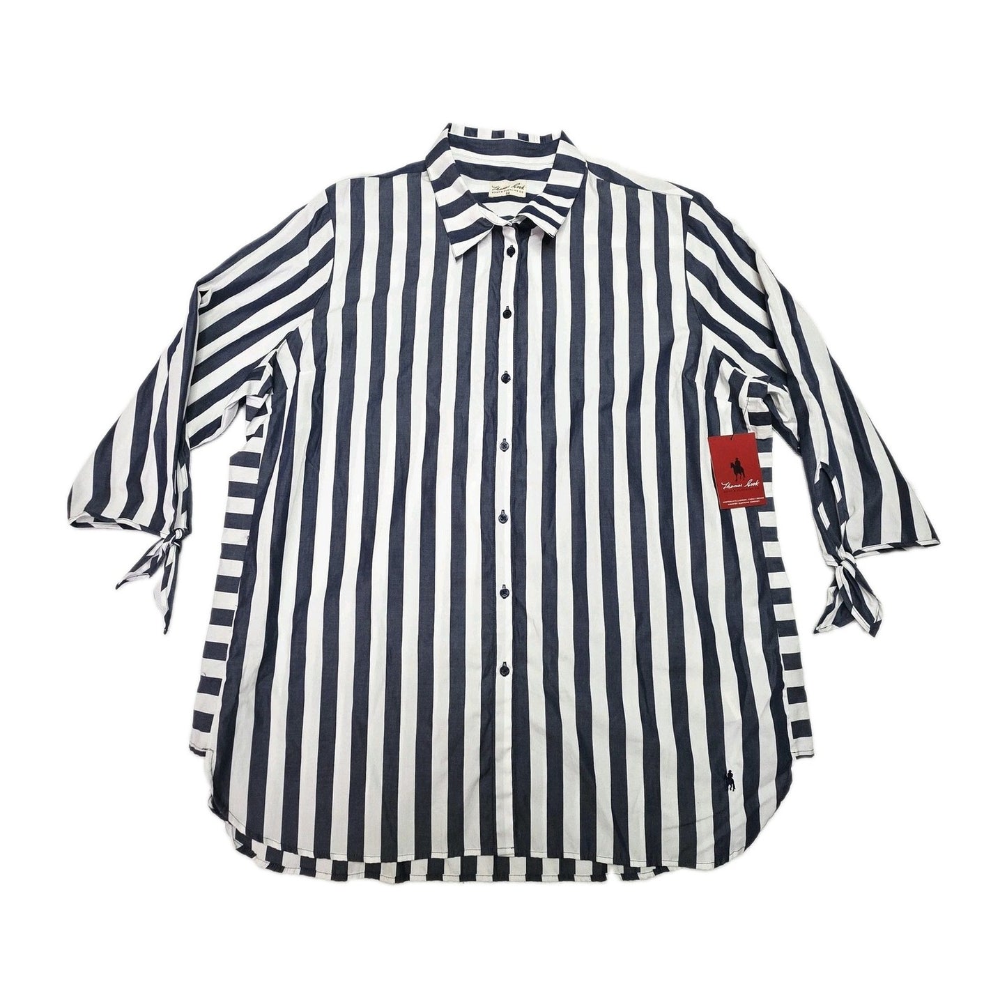 Thomas Cook Shirt Women's 22 Blue 3/4 Sleeve Button Up Striped Tunic Cotton