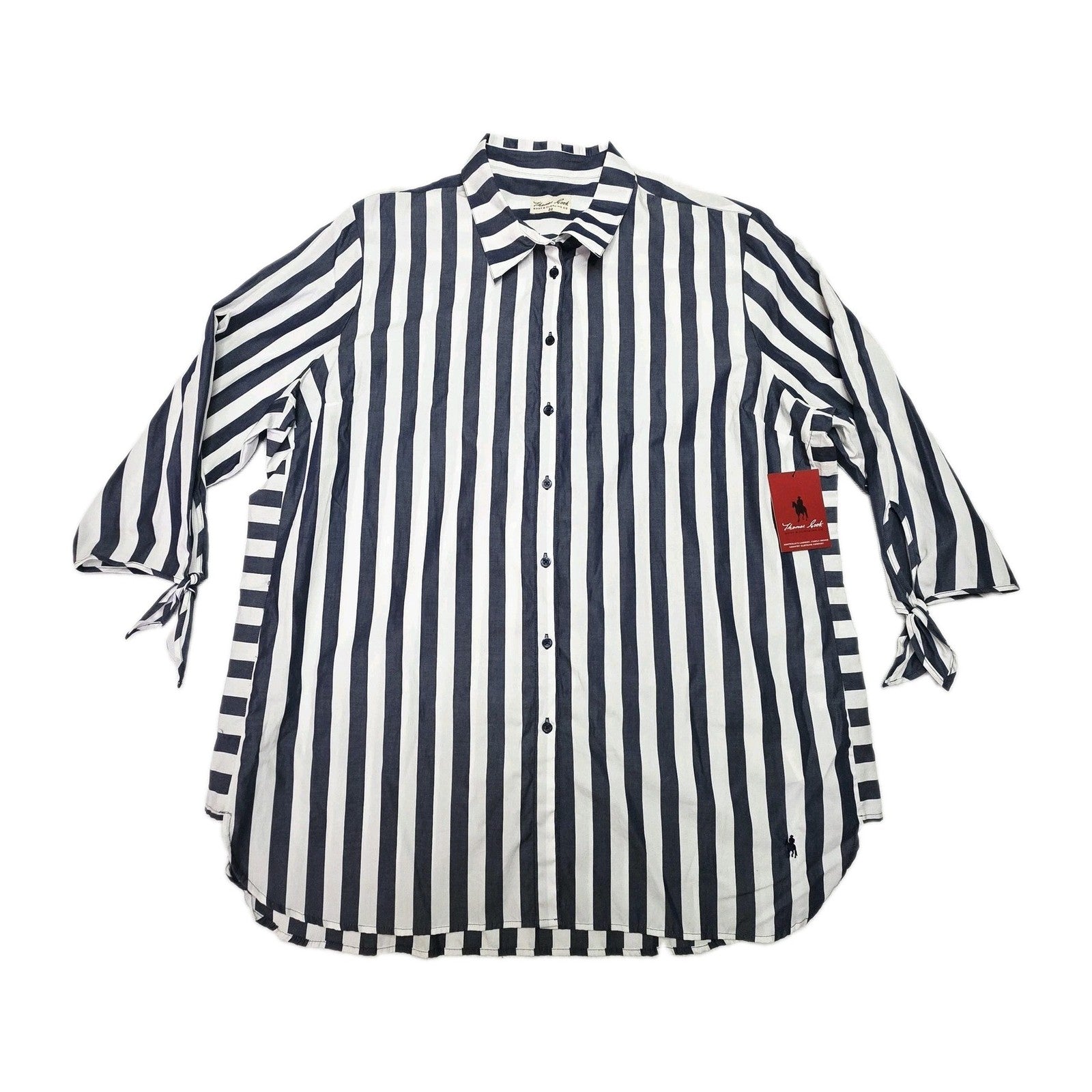Thomas Cook Shirt Women's 22 Blue 3/4 Sleeve Button Up Striped Tunic Cotton