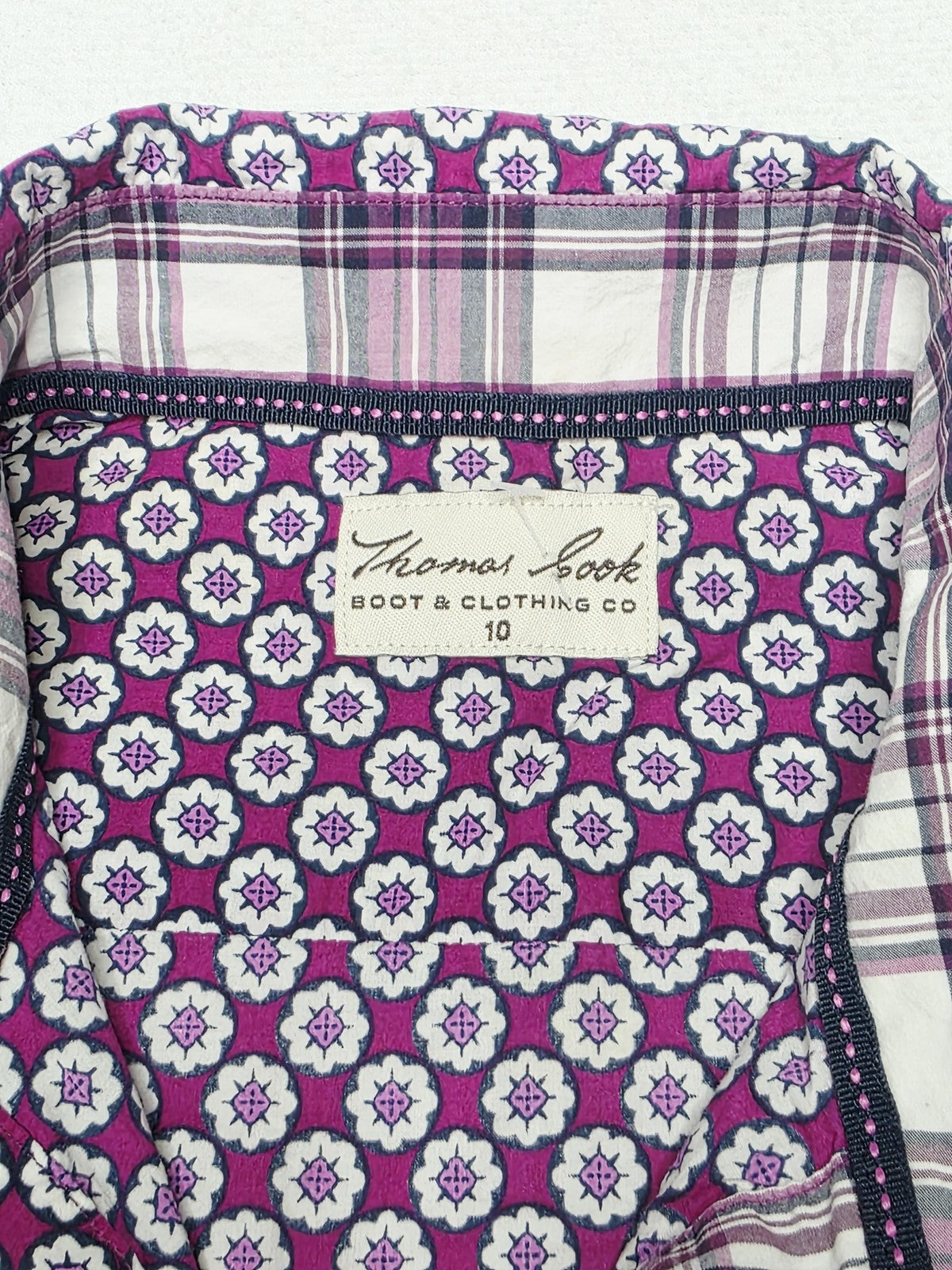 Thomas Cook Shirt Womens 10 Purple 100% Cotton Floral Collared Button Up Summer