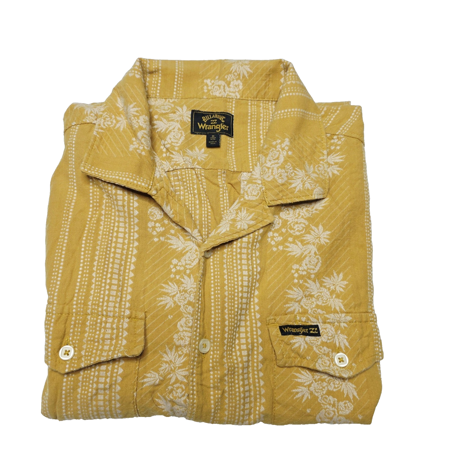 Billabong Wrangler Shirt Mens M Yellow Hawaiian Floral Short Sleeve Cotton