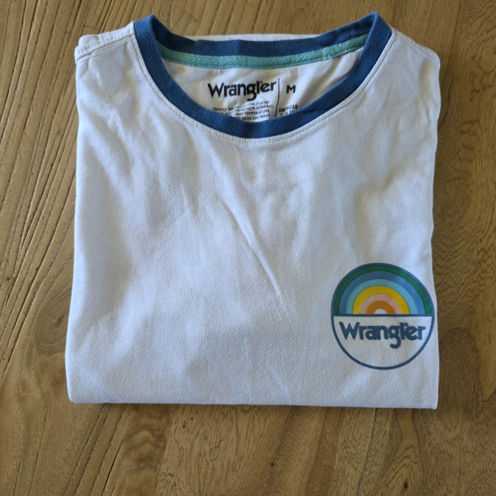 Wrangler Shirt Men's M White Retro Rainbow Logo Ringer American Slim Fit Cotton