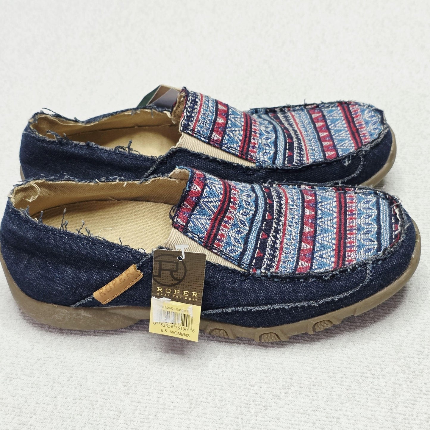 Roper Moccasin Shoes Women's AU 6.5 Blue Denim Geometric Embroidered Flats