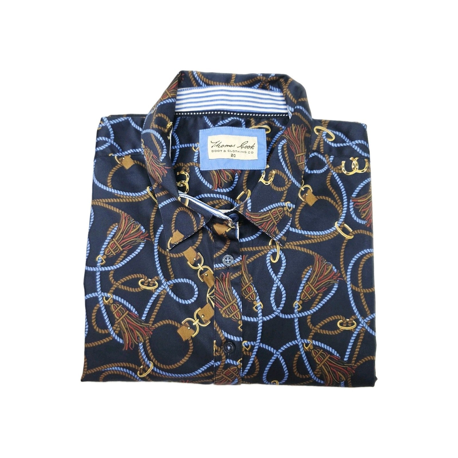 Thomas Cook Shirt Women's 20 Navy Long Sleeve Button Up Rope Tassel Horse Print