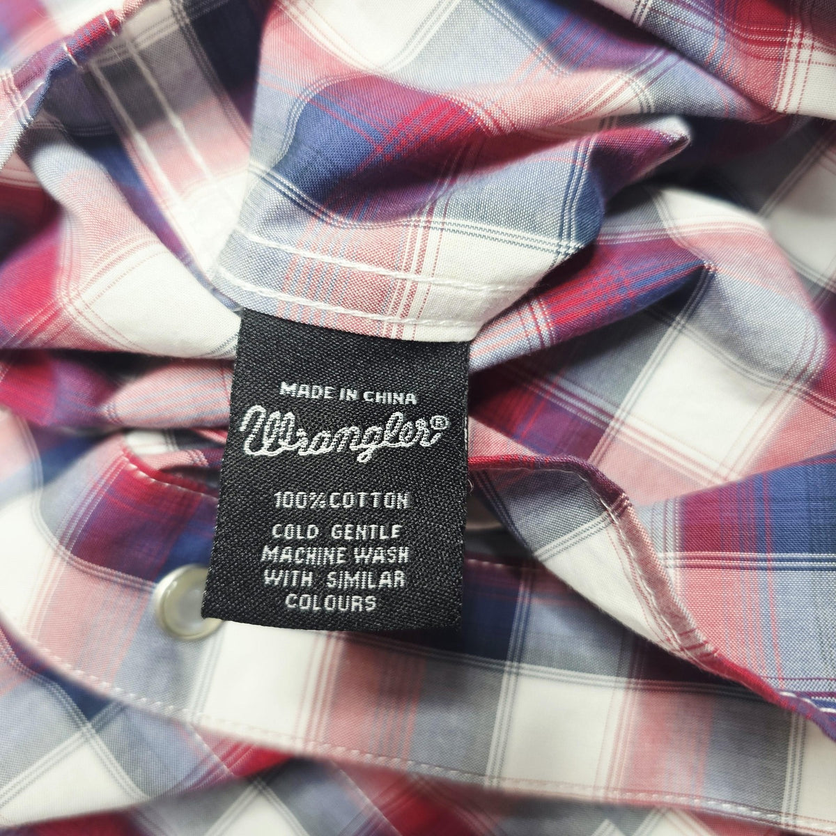 Wrangler Shirt Mens L Red Blue Plaid Short Sleeve Snap Front Western Cotton