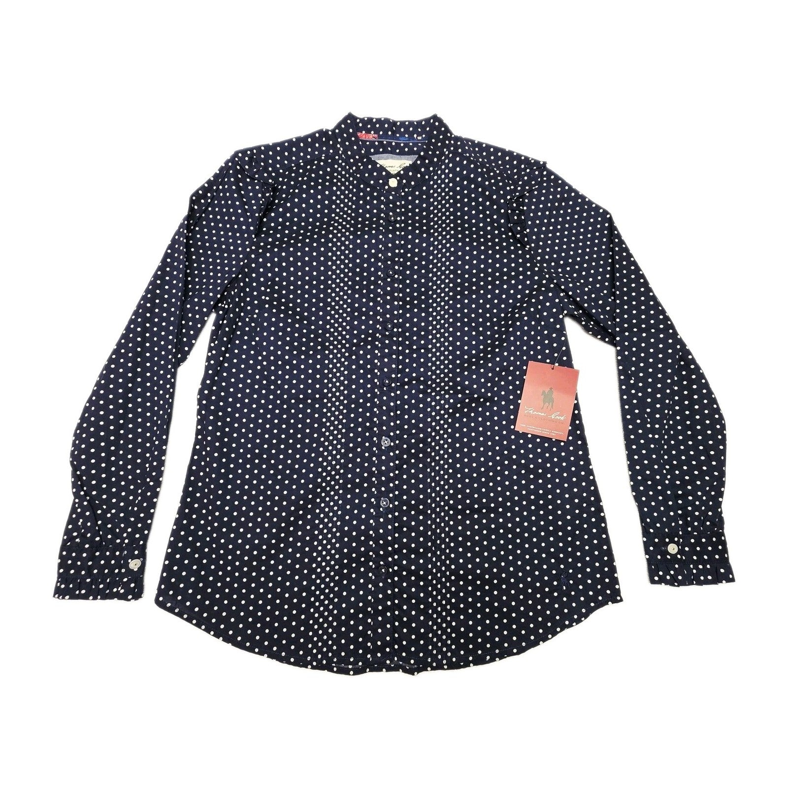 Thomas Cook Shirt Women's 10 Blue Long Sleeve Button Up Polka Dot Cotton Top