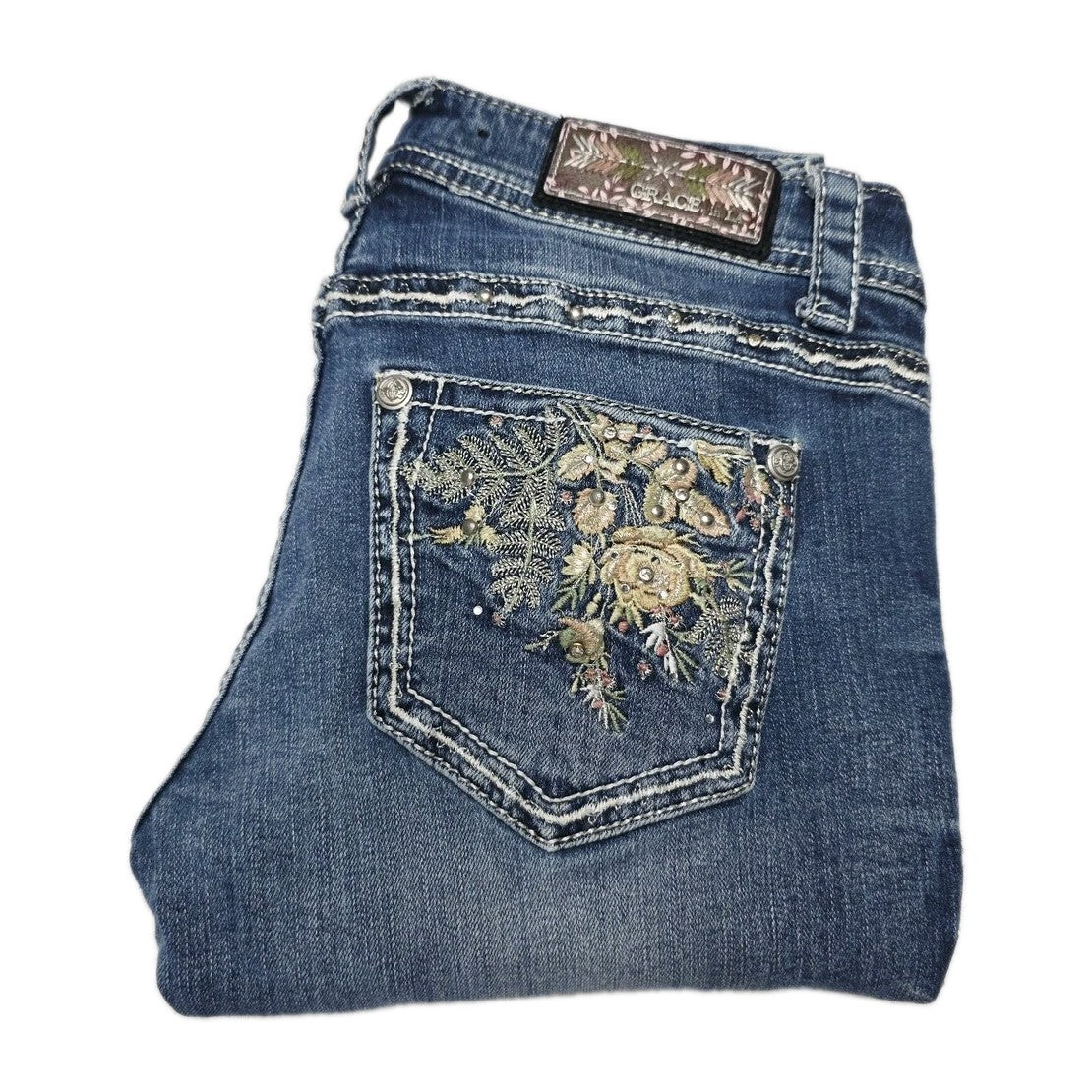 Grace In LA Jeans Womens 26 Blue Bootcut Embroidered Stretch Denim 28x34