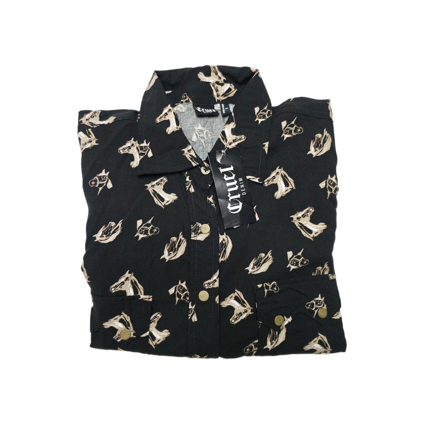 Cruel Denim Shirt Women's S Black Long Sleeve Snap Button Horse Print Western