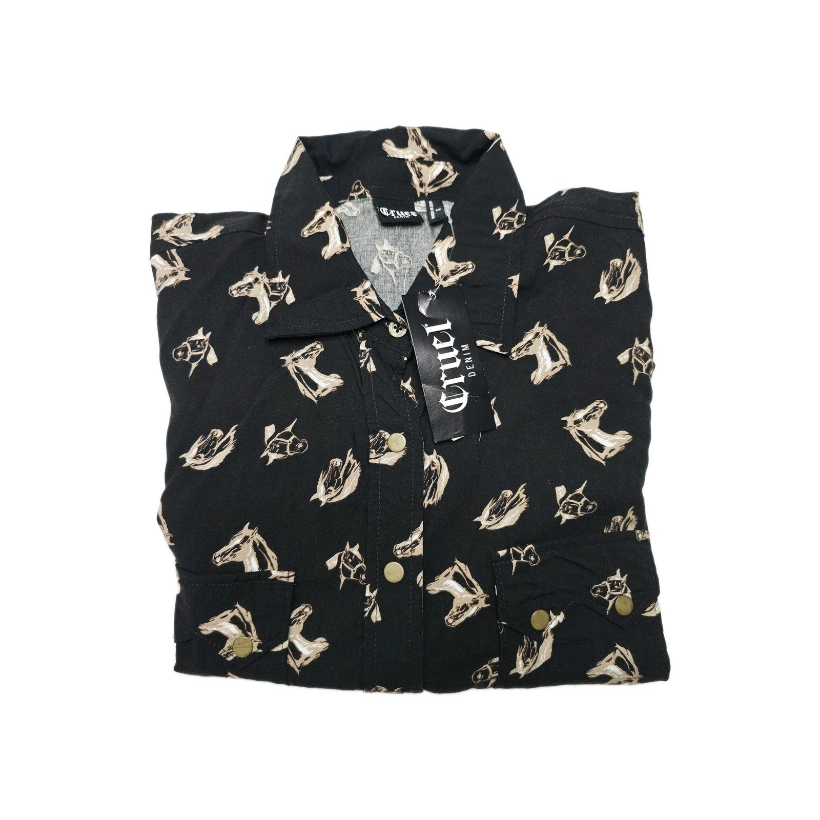 Cruel Denim Shirt Women's S Black Long Sleeve Snap Button Horse Print Western
