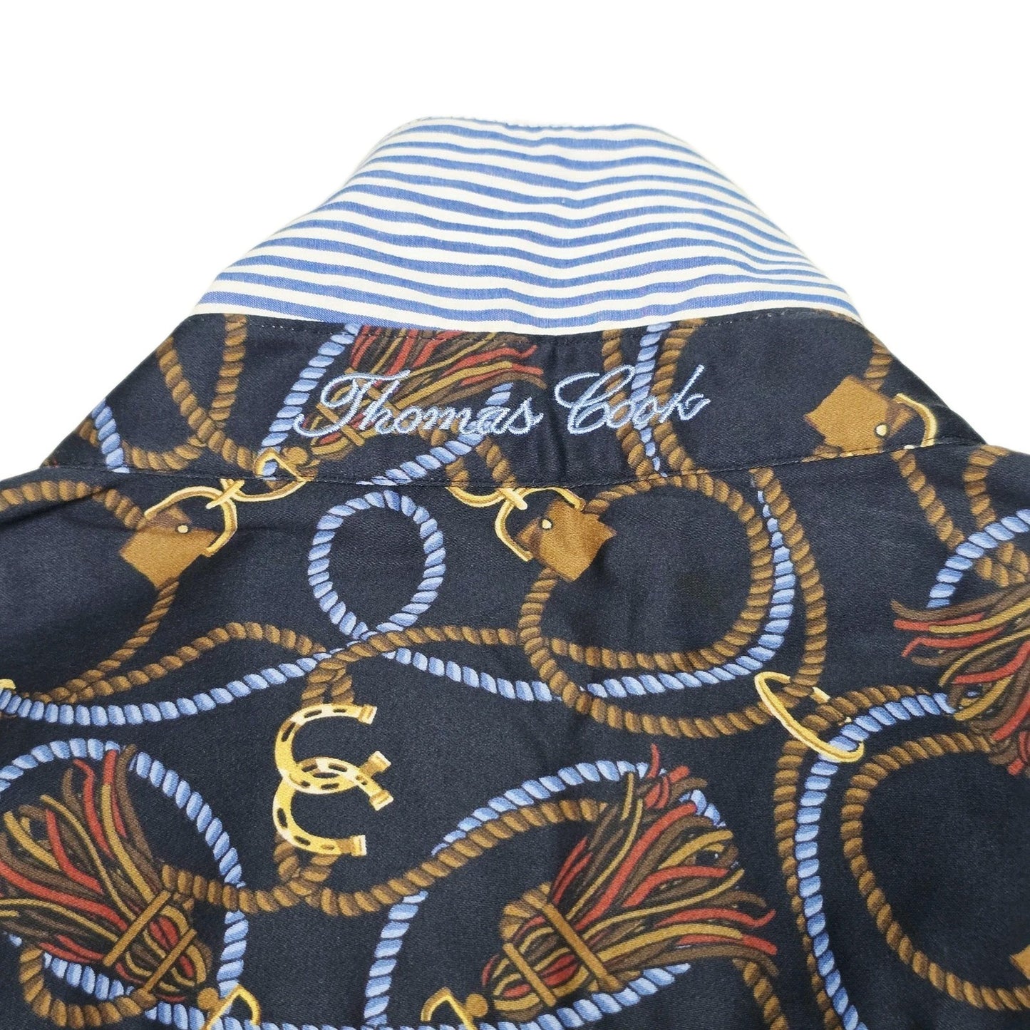 Thomas Cook Shirt Women's 20 Navy Long Sleeve Button Up Rope Tassel Horse Print