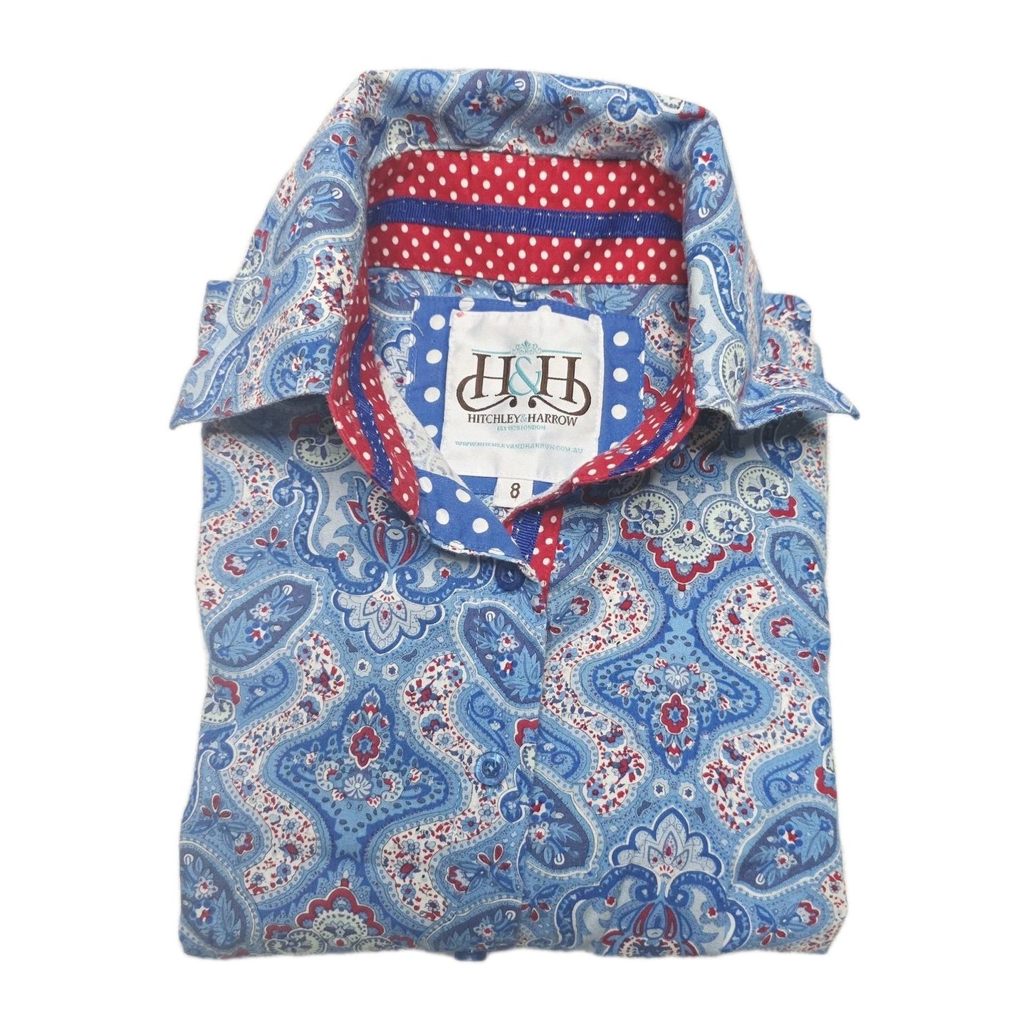Hitchley & Harrow Shirt Women's 8 Blue Long Sleeve Button Up Paisley Cotton