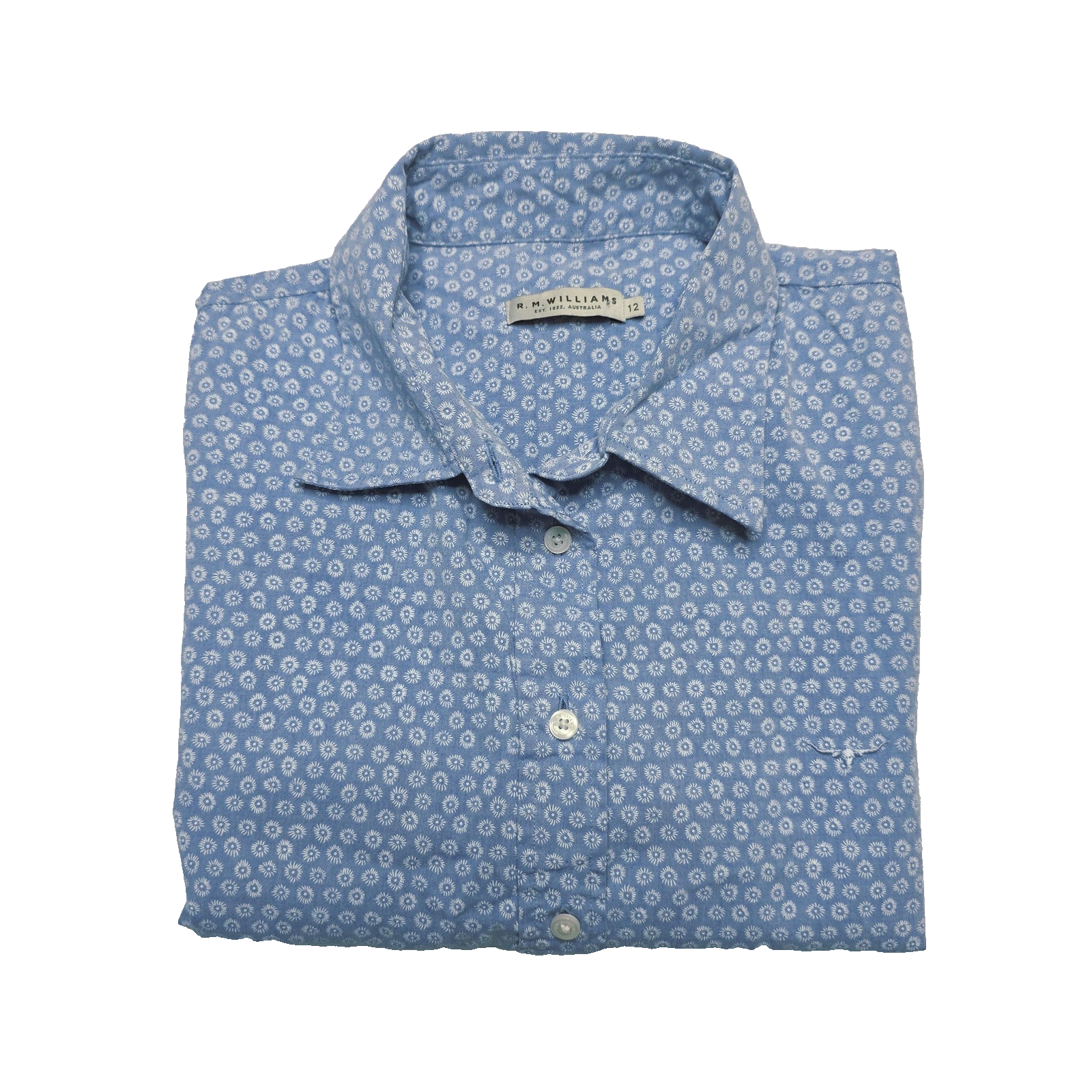 R.M. Williams Shirt Women's 12 Blue Short Sleeve Button Up Cotton Floral Print