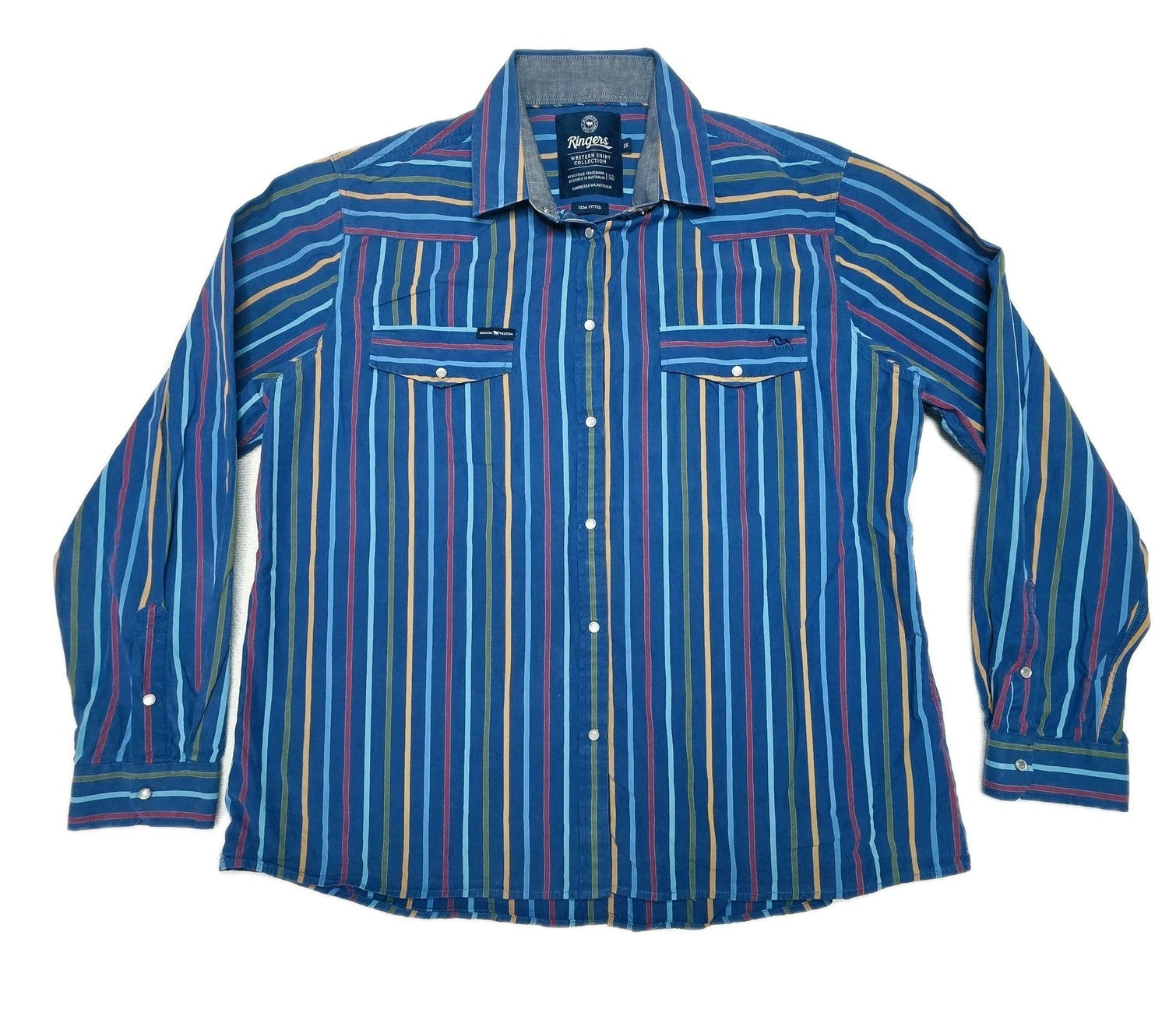 Ringers Western Shirt Women's 18 Blue Striped Long Sleeve Snap Cowboy Cotton