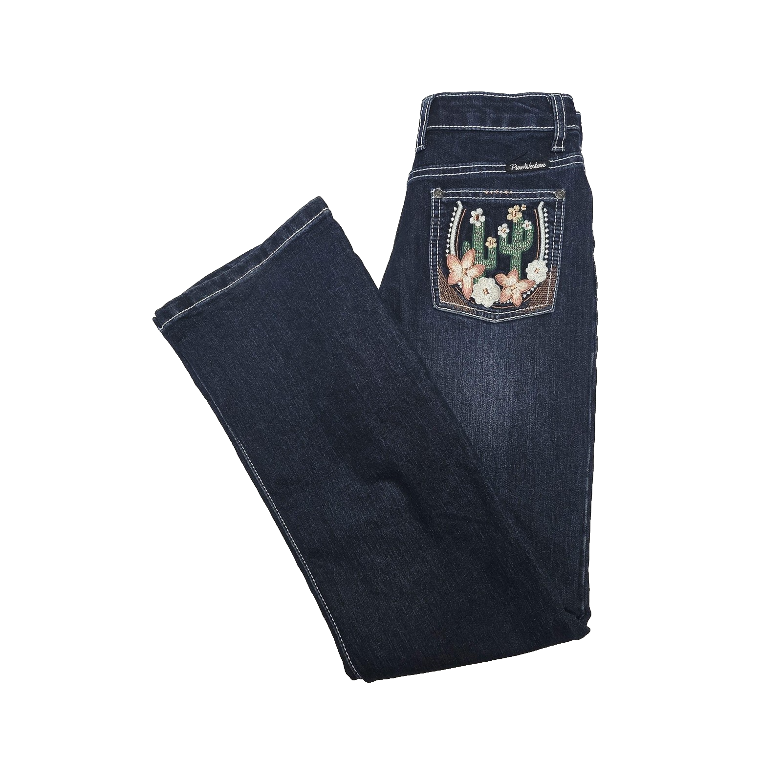 Pure Western Jeans Girls 11-12 Years Blue Bootcut Adjustable Waist Embroidered