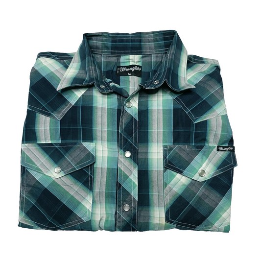 Wrangler Shirt Mens M Green Plaid Snap Front Long Sleeve Western Lightweight