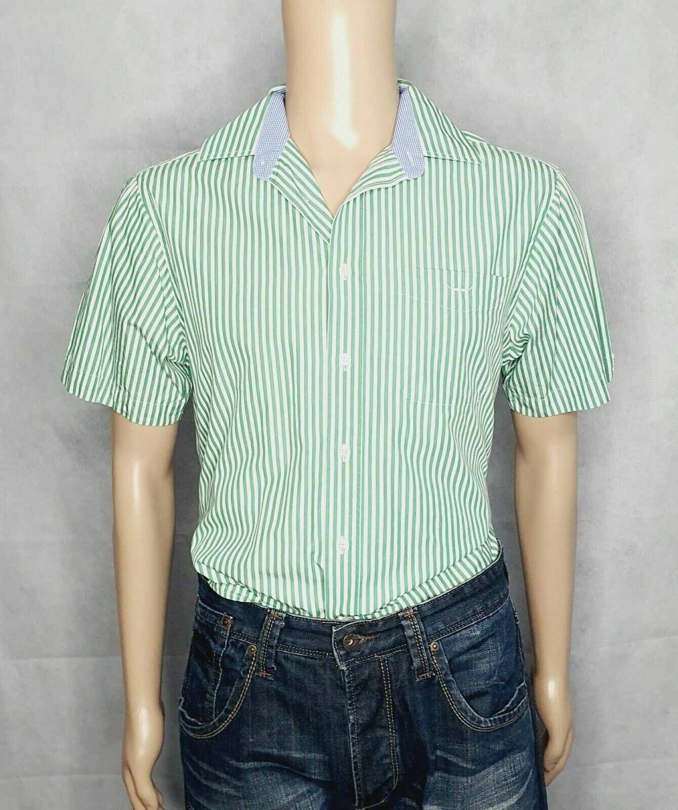 R.M Williams Mens White & Green Stripe Short Sleeve Shirt Regular Fit Size S.