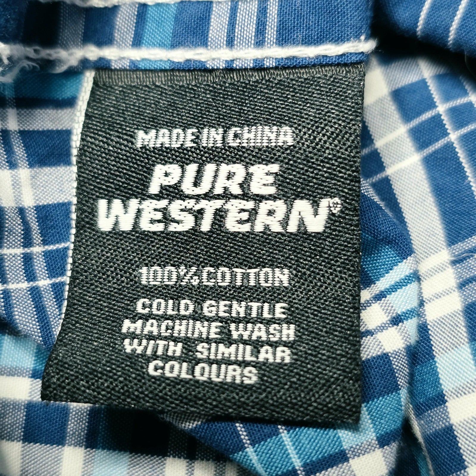 Pure Western Shirt Mens L Blue Plaid Long Sleeve Snap Front Western Cotton