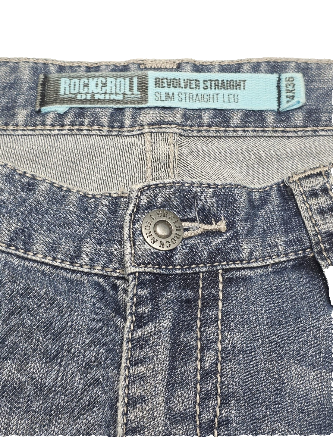 Rock & Roll Cowboy Revolver Straight Jeans Mens 34x36 Blue Slim Straight