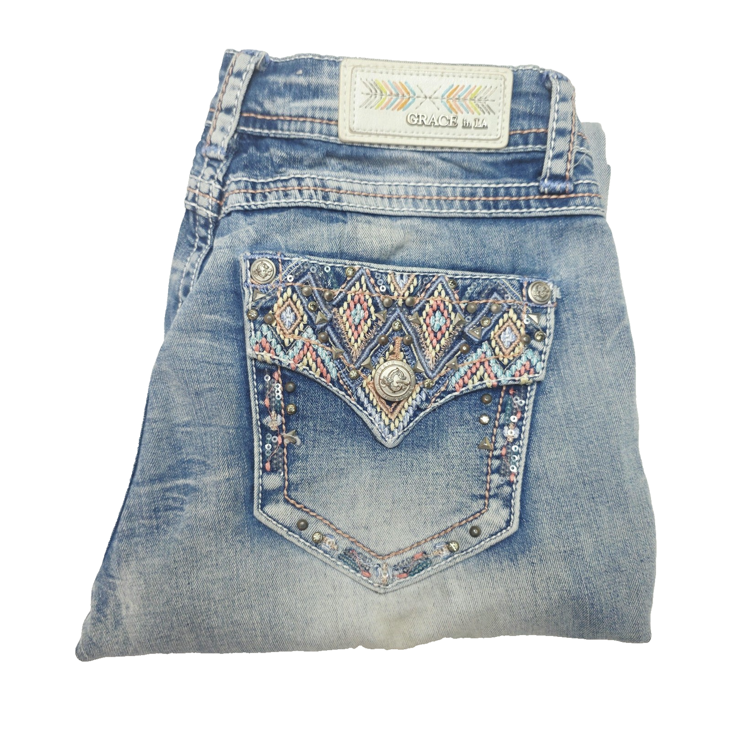 Grace In LA Jeans Women's 27 Blue Bootcut Embroidered Rhinestone Denim Pockets