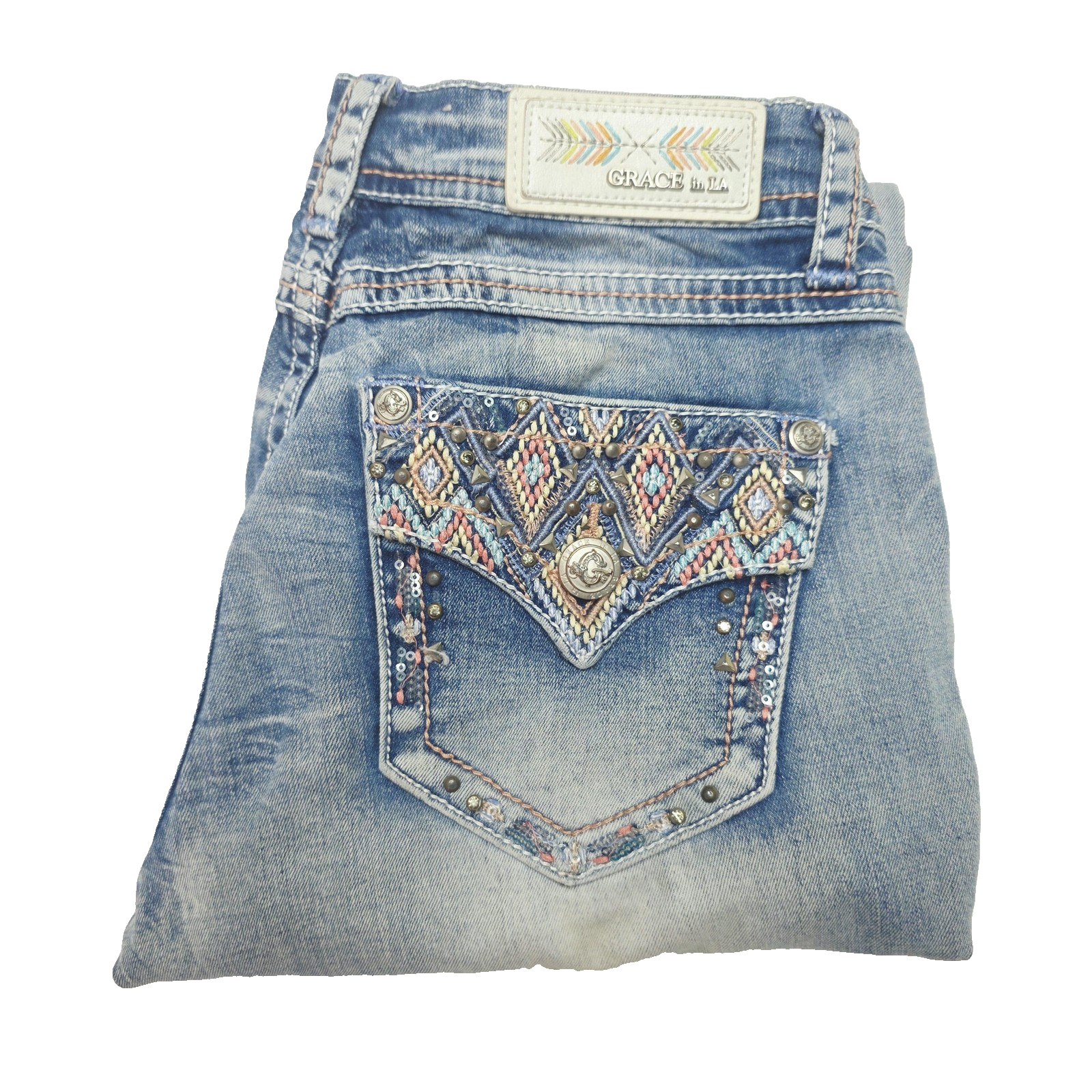 Grace In LA Jeans Women's 27 Blue Bootcut Embroidered Rhinestone Denim Pockets
