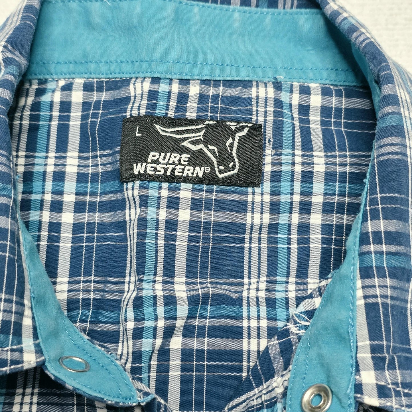 Pure Western Shirt Mens L Blue Plaid Long Sleeve Snap Front Western Cotton