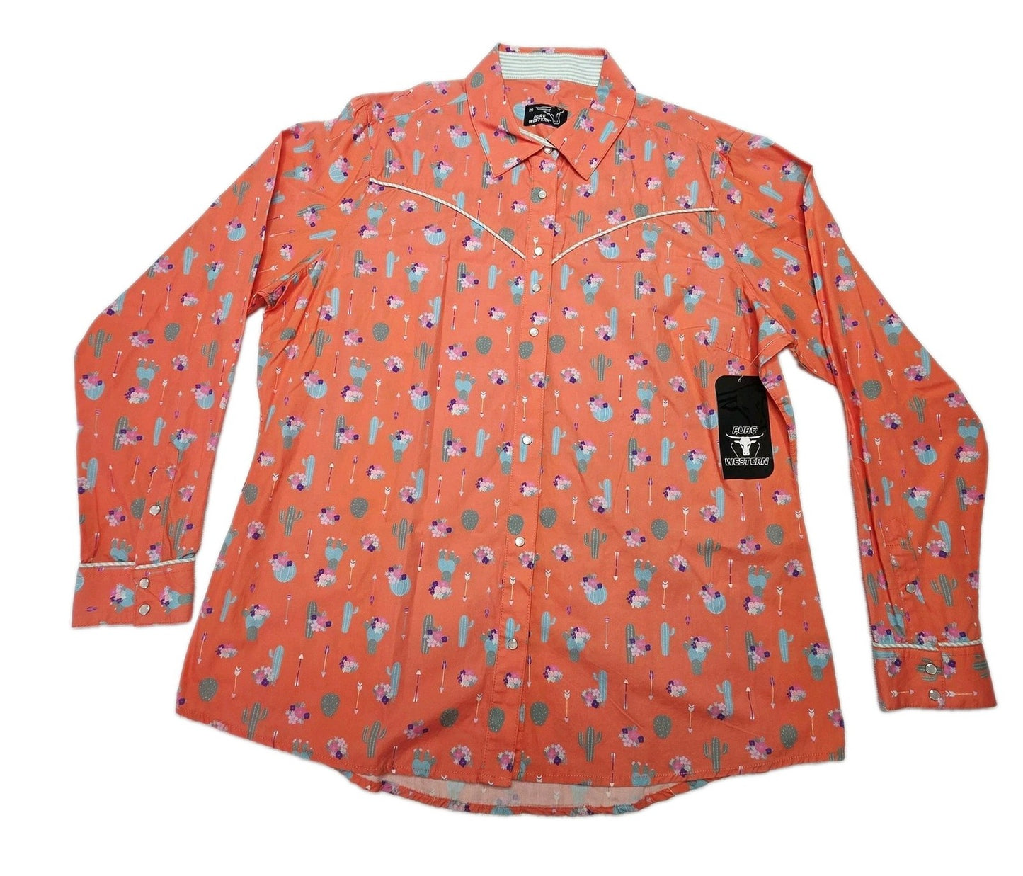 Pure Western Shirt Women's 20 Pink Long Sleeve Snap Cactus Floral Cotton Western