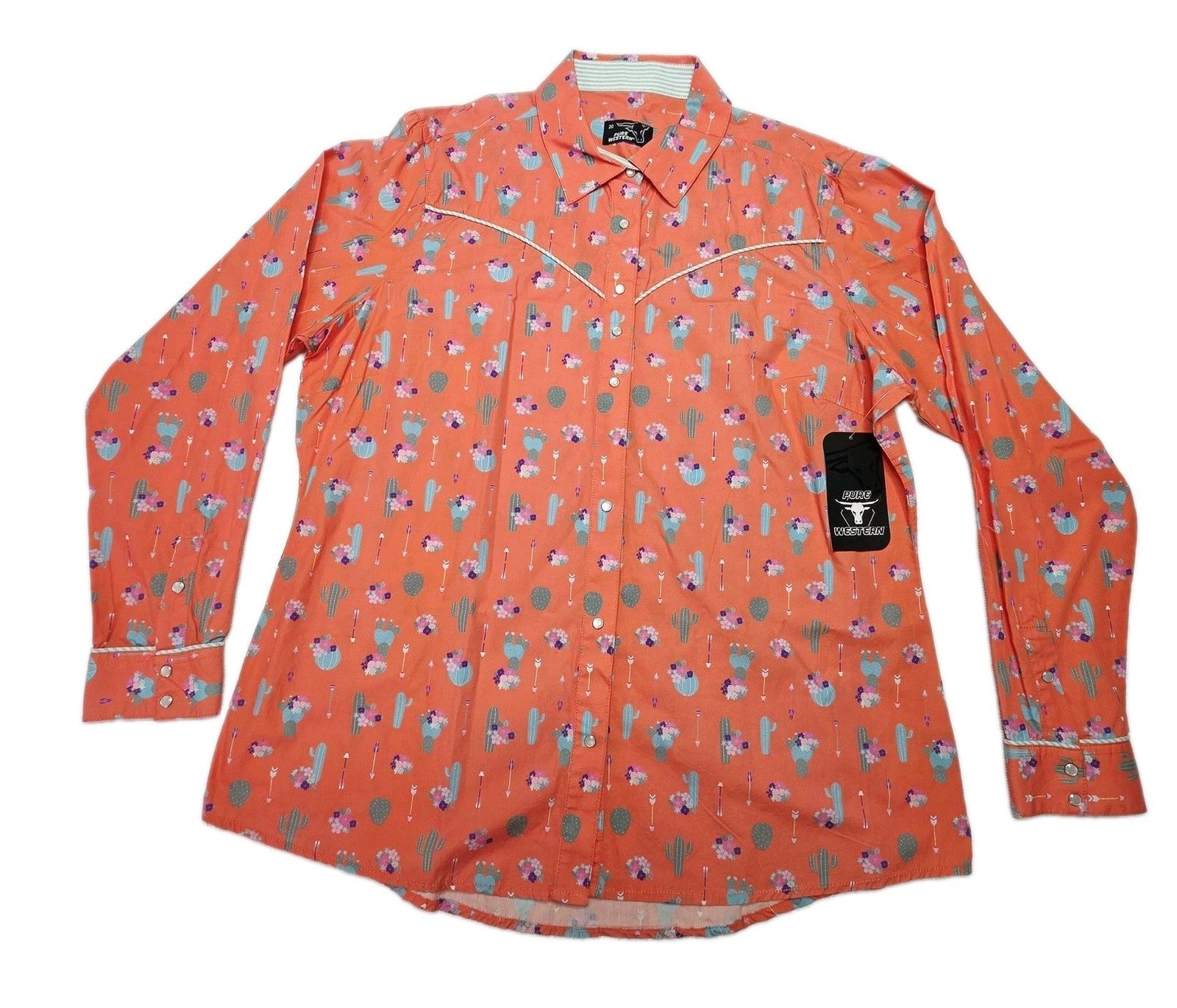 Pure Western Shirt Women's 20 Pink Long Sleeve Snap Cactus Floral Cotton Western