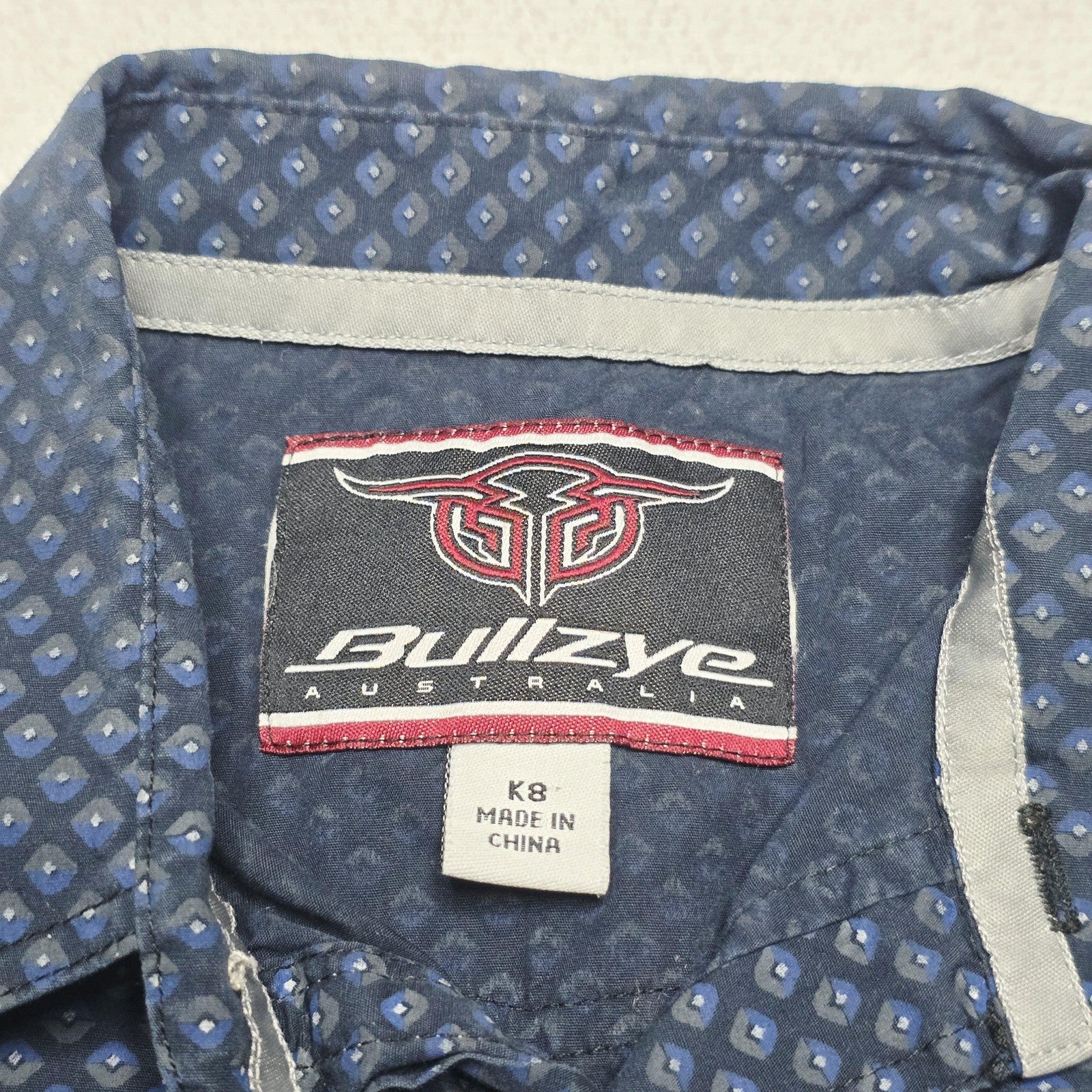 Bullzye Shirt Boys 8 Blue Long Sleeve Button Up Cotton Logo Geometric Print