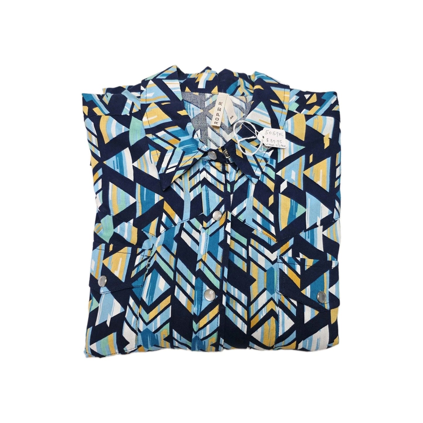 Roper Shirt Women's XL Blue Long Sleeve Snap Button Up Rayon Geometric