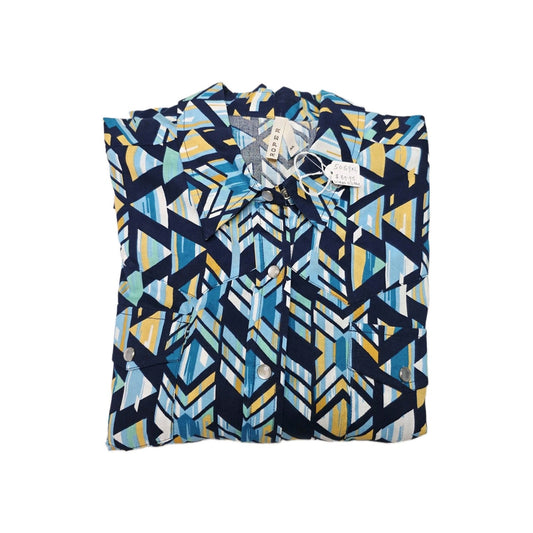 Roper Shirt Women's XL Blue Long Sleeve Snap Button Up Rayon Geometric