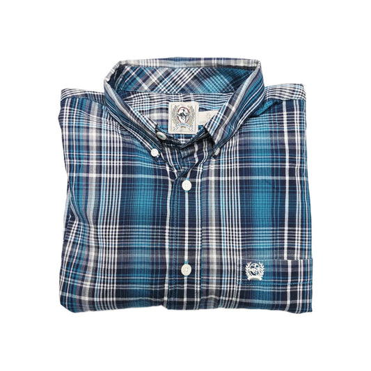 Cinch Shirt Boys XL 14 Blue Plaid Long Sleeve Button Up Cotton Western Logo