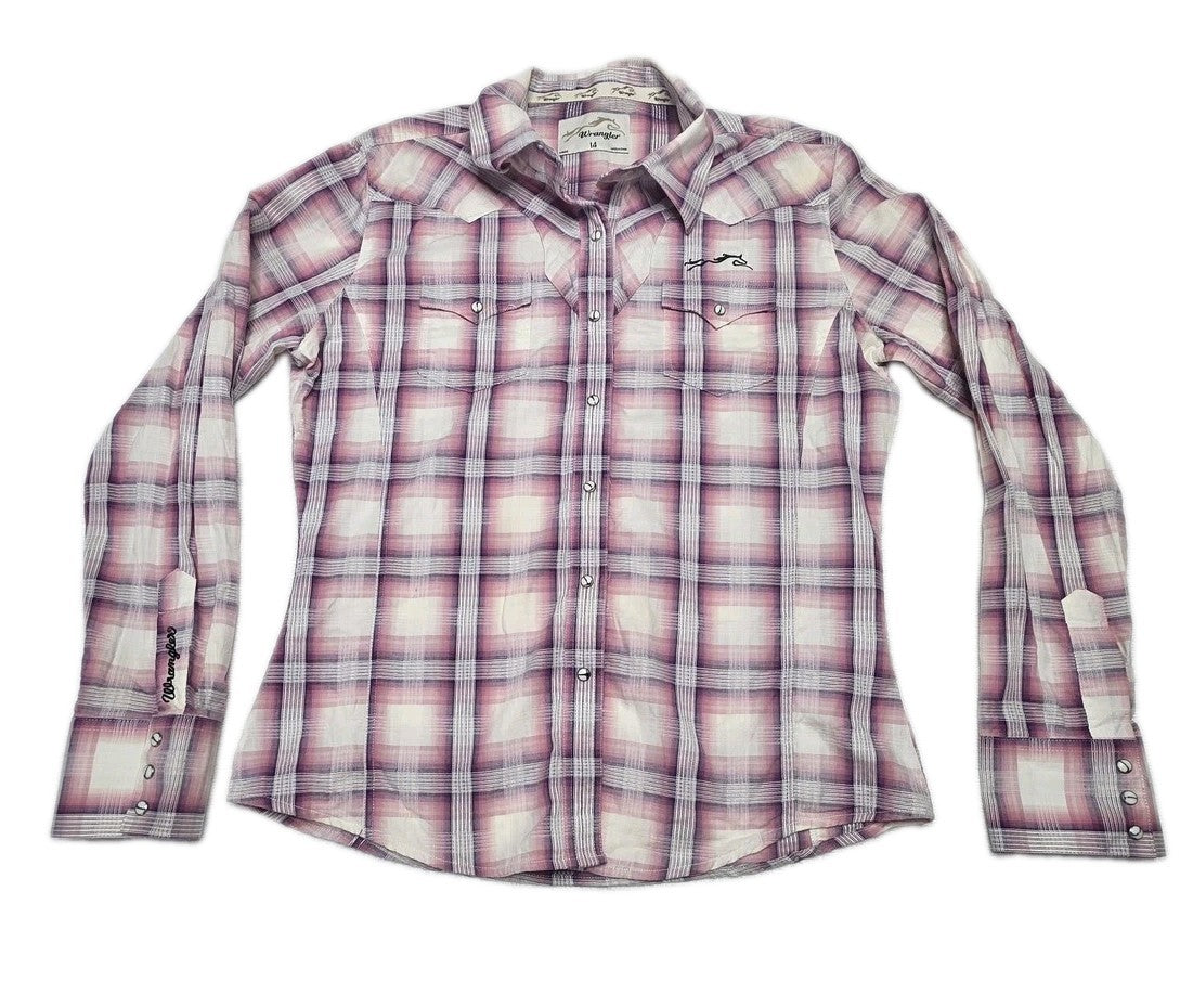 Wrangler Shirt Womens 14 Pink Plaid 100% Cotton Snap Button Up Spring Casual