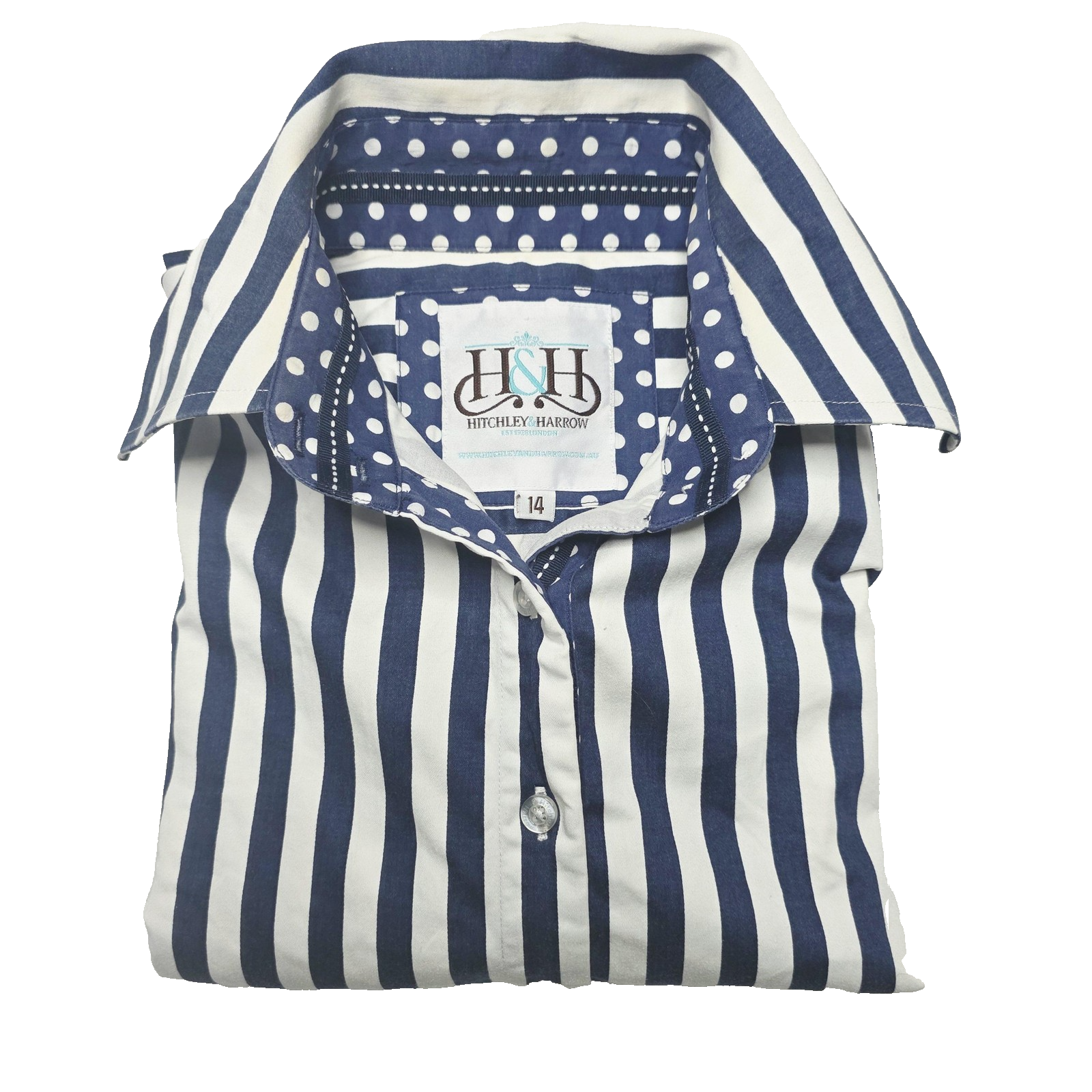 Hitchley & Harrow Shirt Women's 14 Blue Long Sleeve Button Up Cotton Striped
