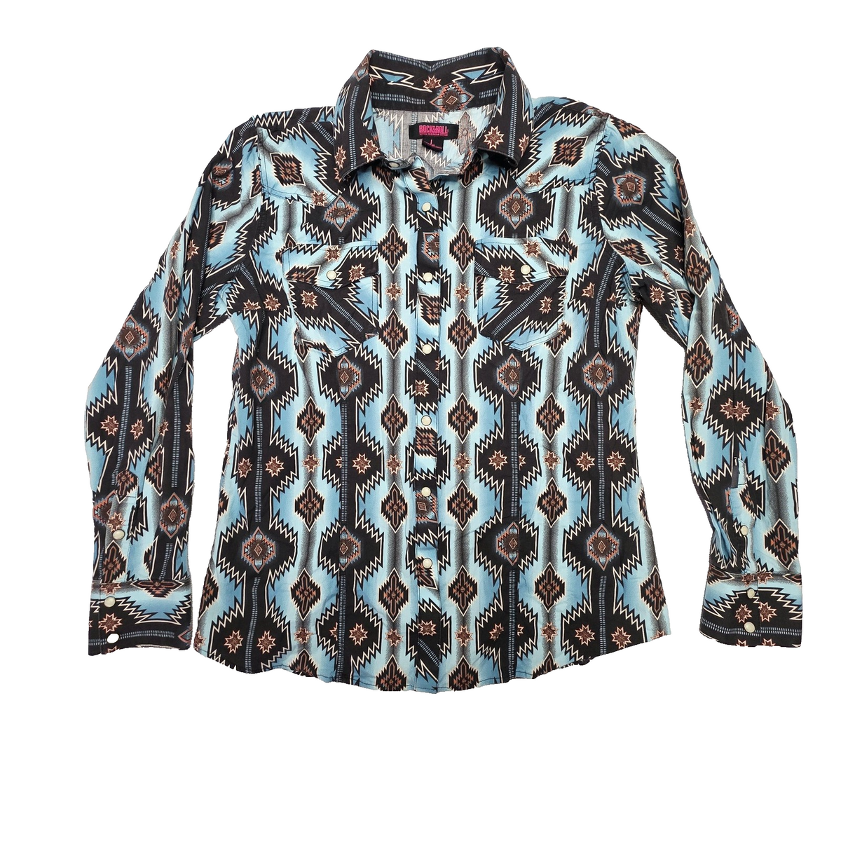 Rock & Roll Denim Shirt Women's L Blue Long Sleeve Snap Button Up Aztec Western