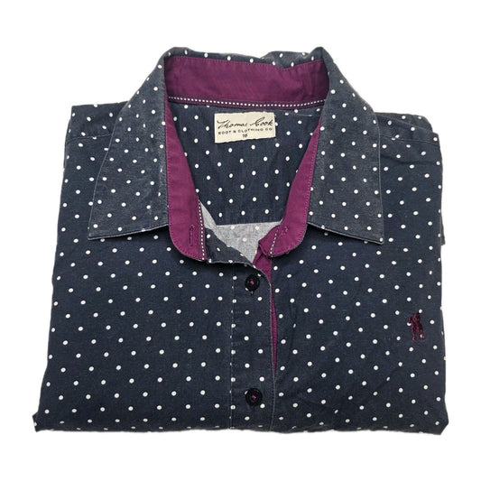 Thomas Cook Shirt Women's 16 Blue Long Sleeve Button Up Polka Dot Cotton Stretch