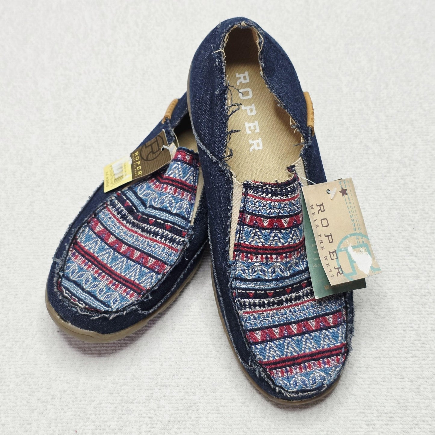 Roper Moccasin Shoes Women's AU 6.5 Blue Denim Geometric Embroidered Flats