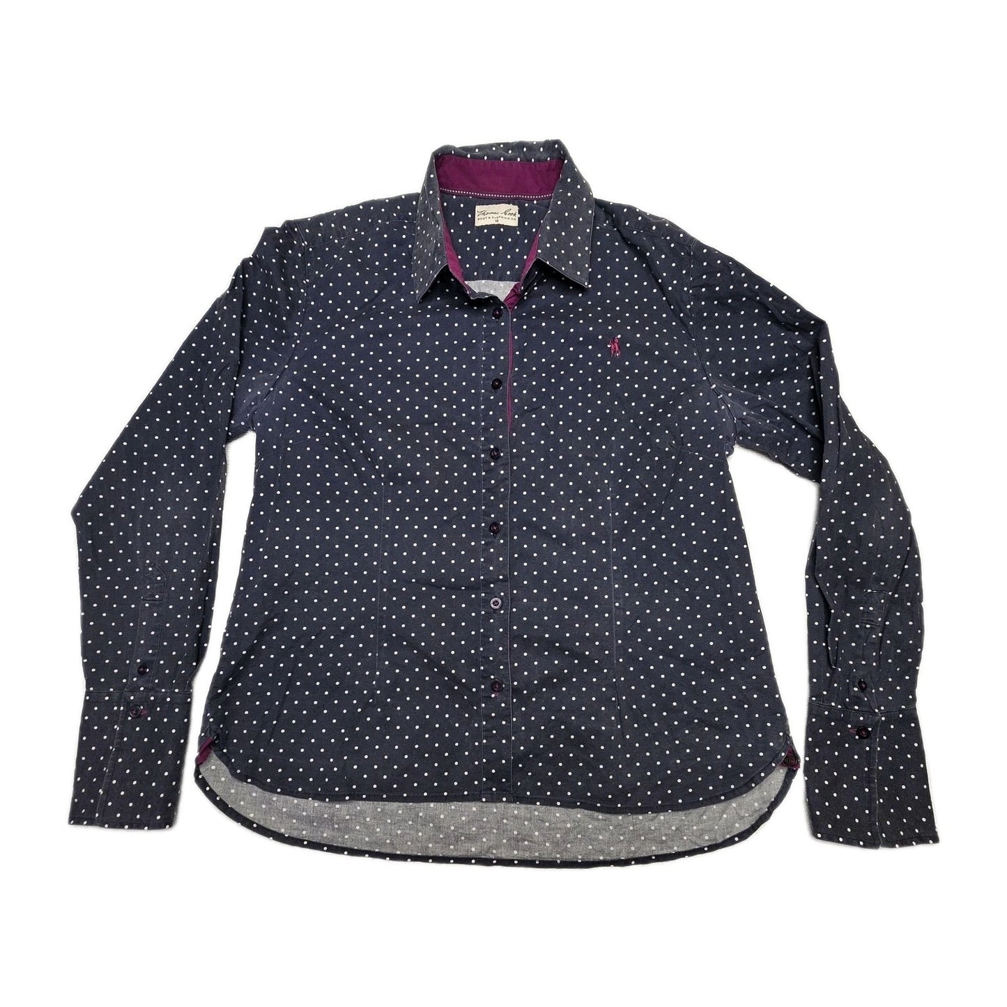 Thomas Cook Shirt Women's 16 Blue Long Sleeve Button Up Polka Dot Cotton Stretch