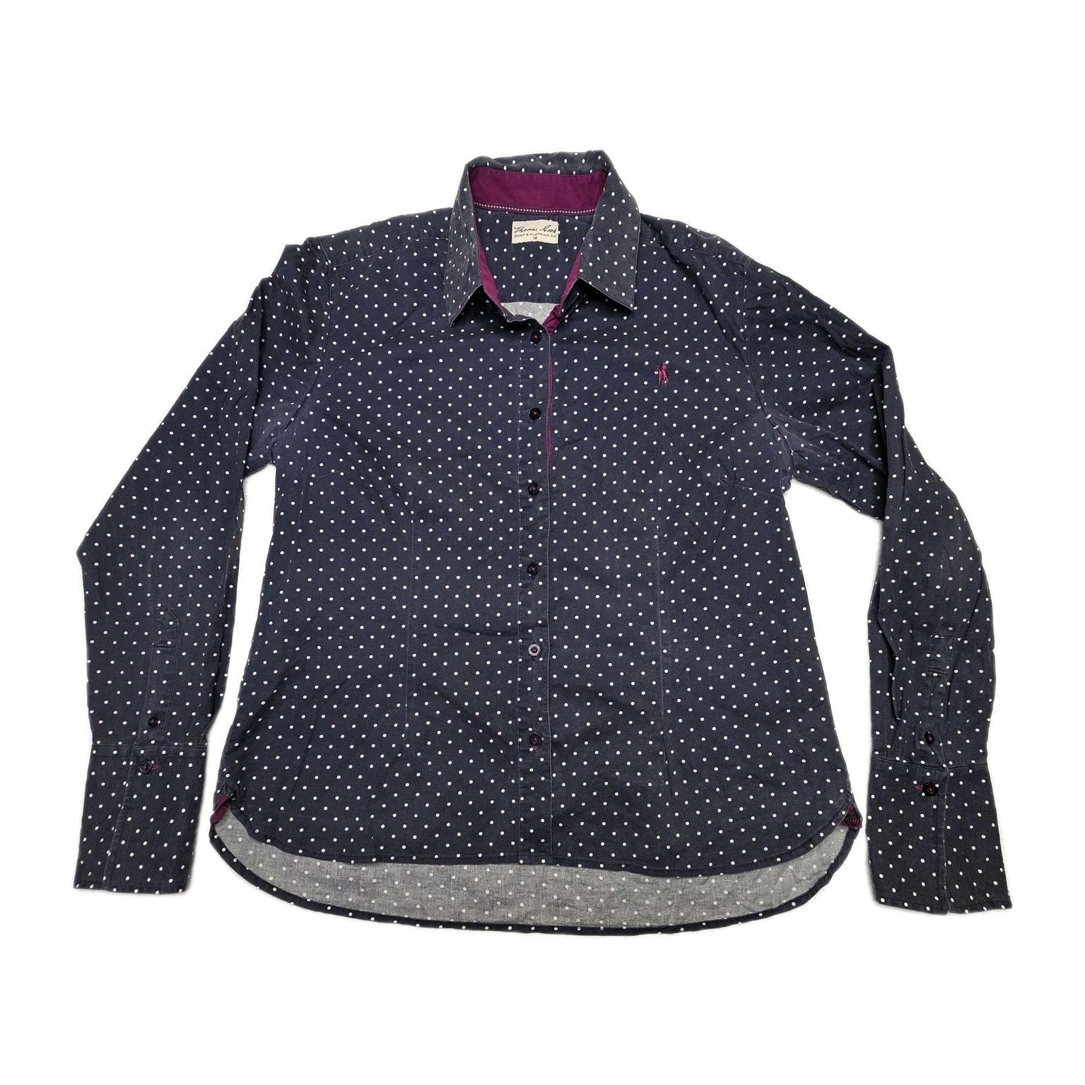 Thomas Cook Shirt Women's 16 Blue Long Sleeve Button Up Polka Dot Cotton Stretch