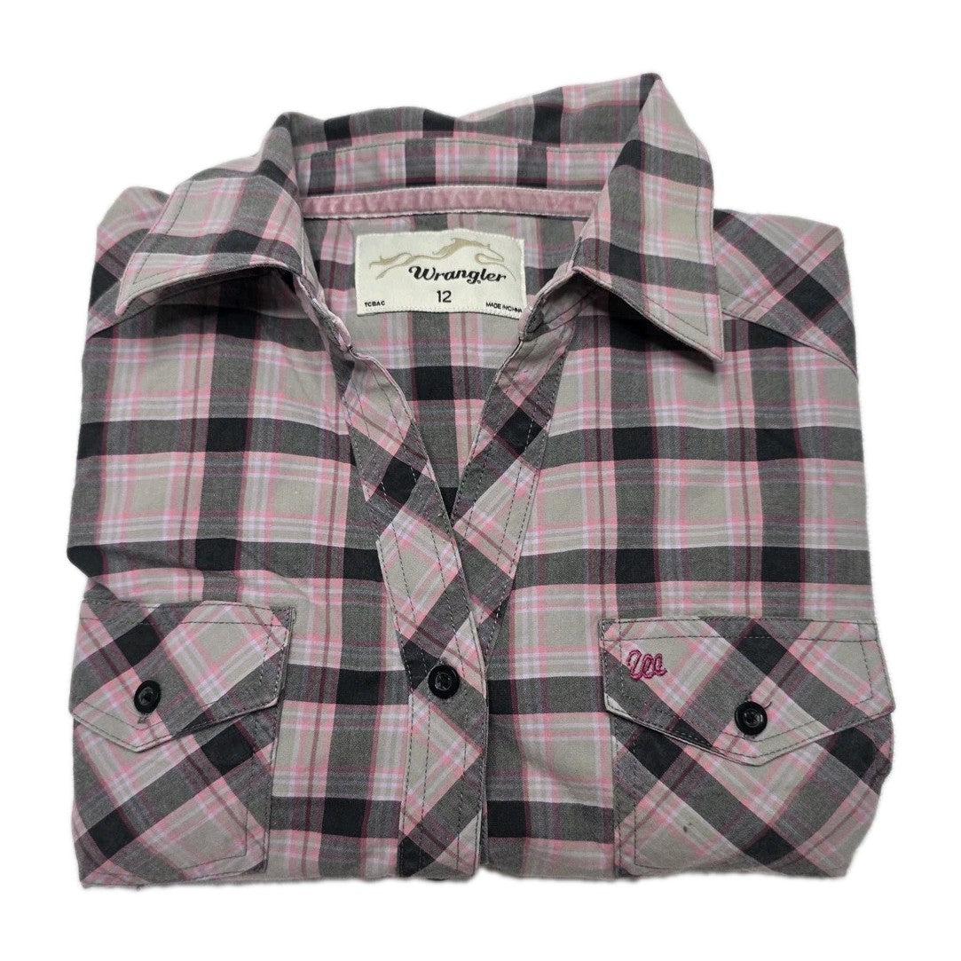 Wrangler Shirt Womens 12 Multicolour Pink Grey Plaid Button Up Long Sleeve