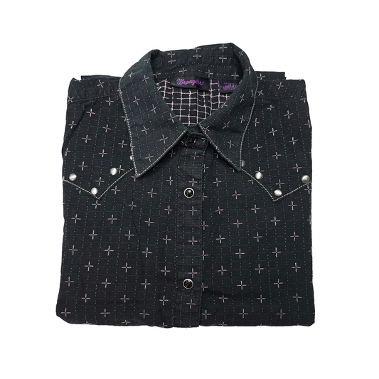 Wrangler Shirt Women's M Black Long Sleeve Snap Western Geometric Cotton Print