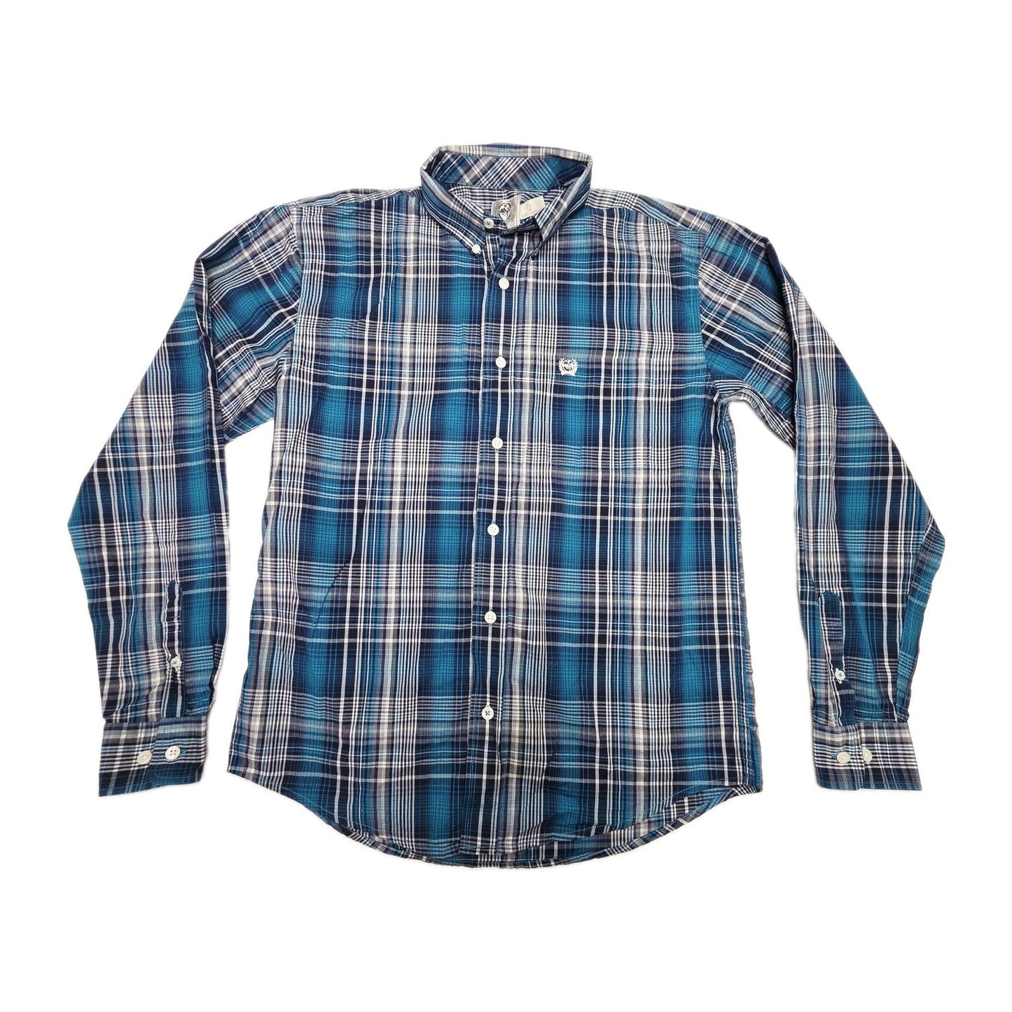 Cinch Shirt Boys XL 14 Blue Plaid Long Sleeve Button Up Cotton Western Logo