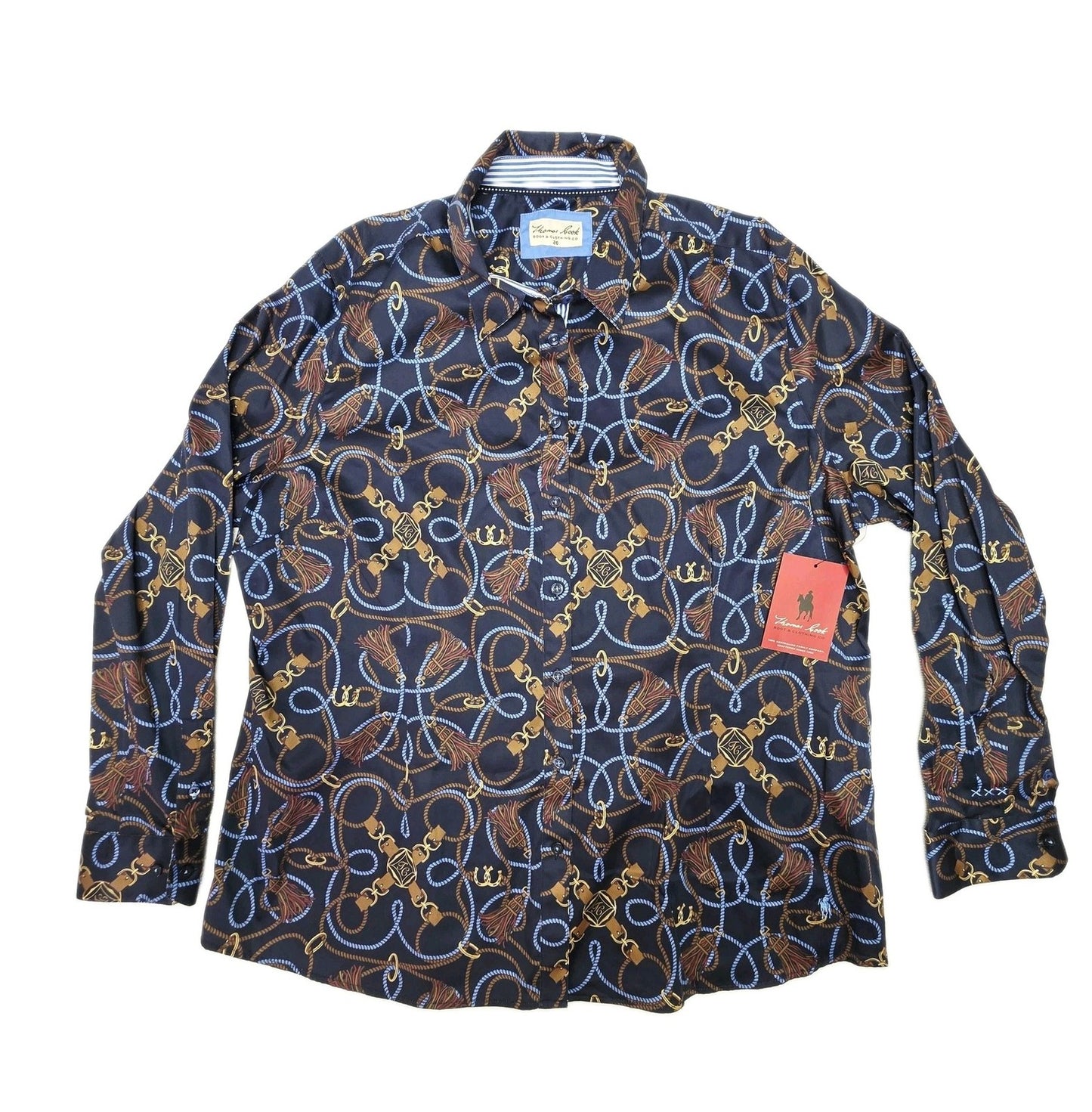 Thomas Cook Shirt Women's 20 Navy Long Sleeve Button Up Rope Tassel Horse Print