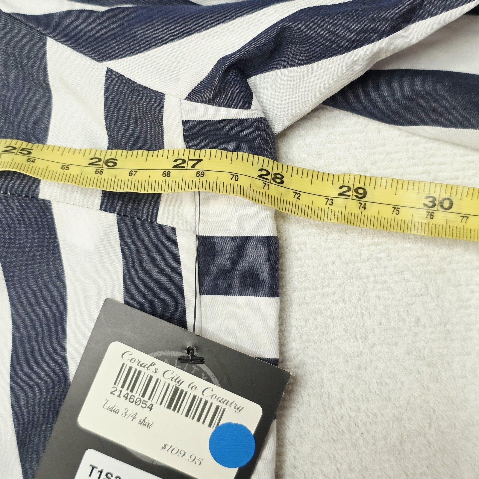 Thomas Cook Shirt Women's 22 Blue 3/4 Sleeve Button Up Striped Tunic Cotton
