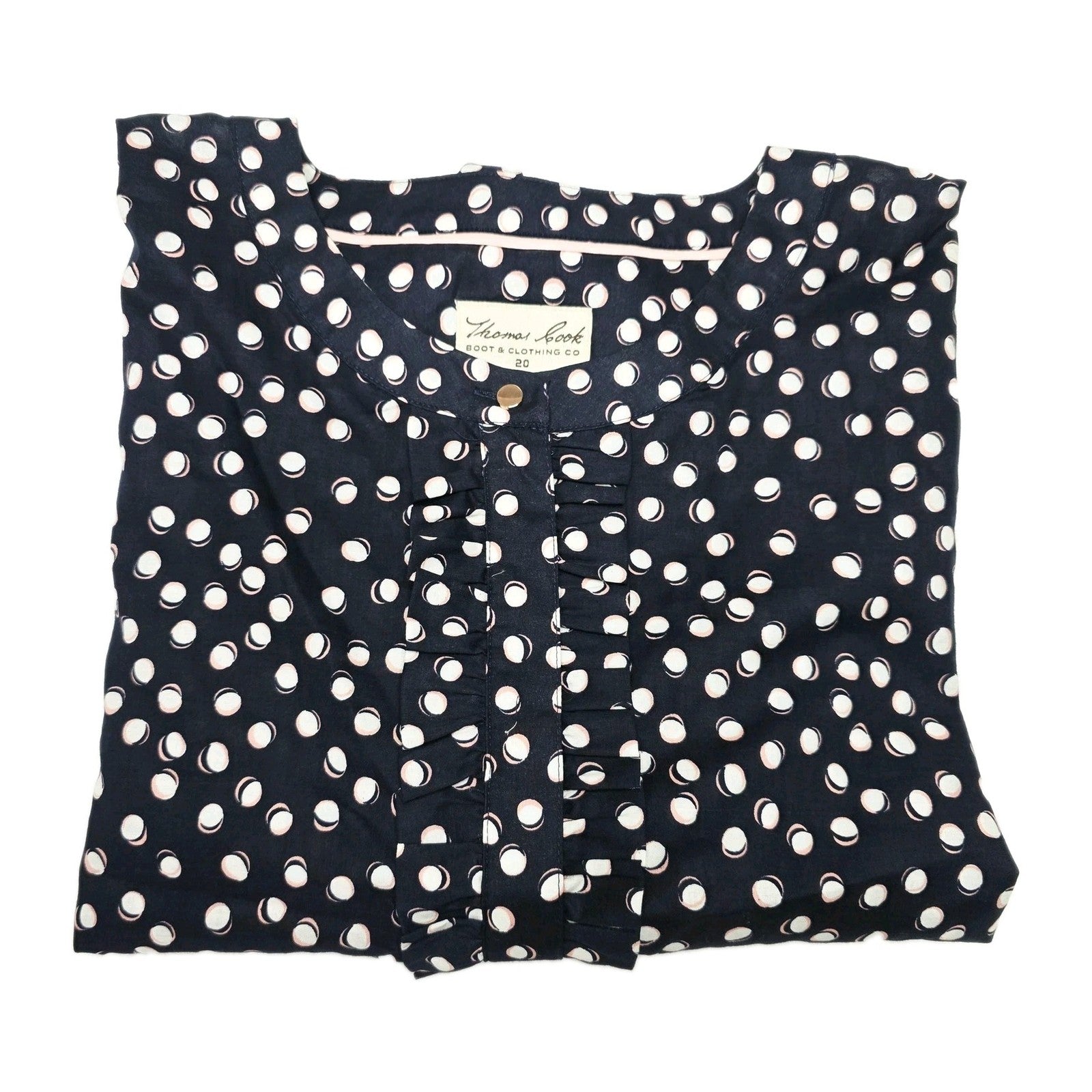 Thomas Cook Blouse Women's 20 Blue Long Sleeve Polka Dot Cotton Ruffle Georgie