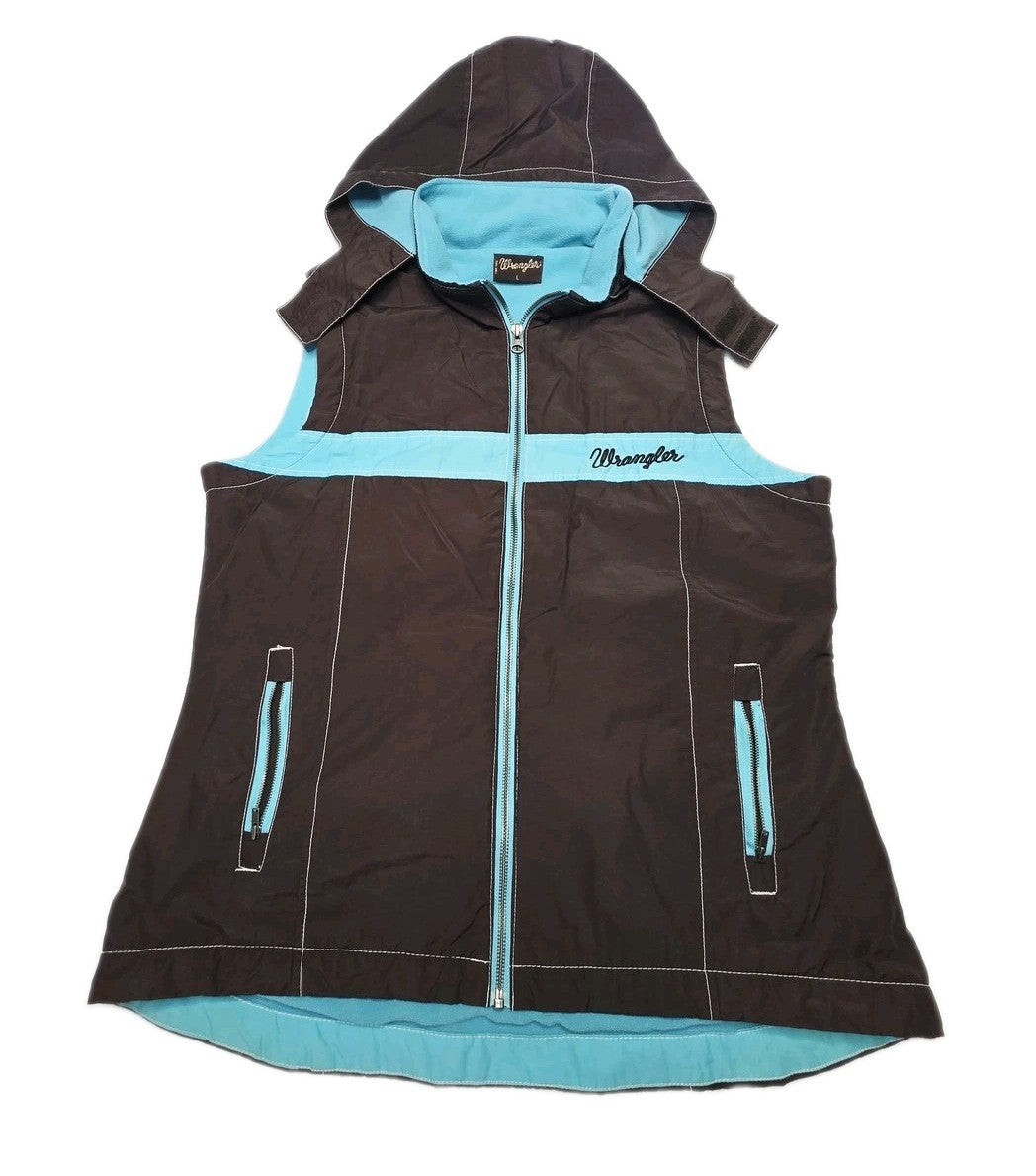 Wrangler Vest Women's L Brown Blue Hooded Fleece Lined Zip Up Pockets Western