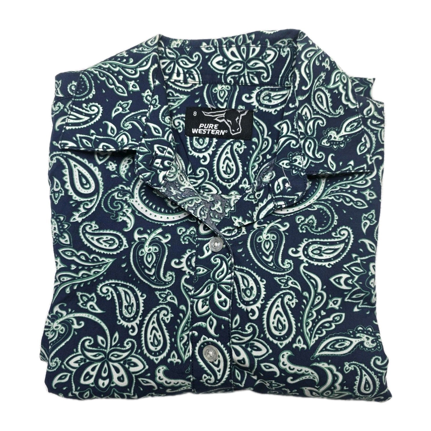 Pure Western Shirt Women's 8 Blue Long Sleeve Button Up Paisley Cotton Top