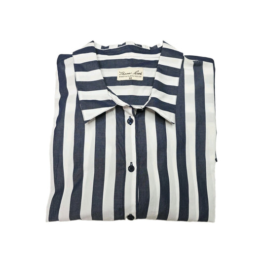 Thomas Cook Shirt Women's 22 Blue 3/4 Sleeve Button Up Striped Tunic Cotton